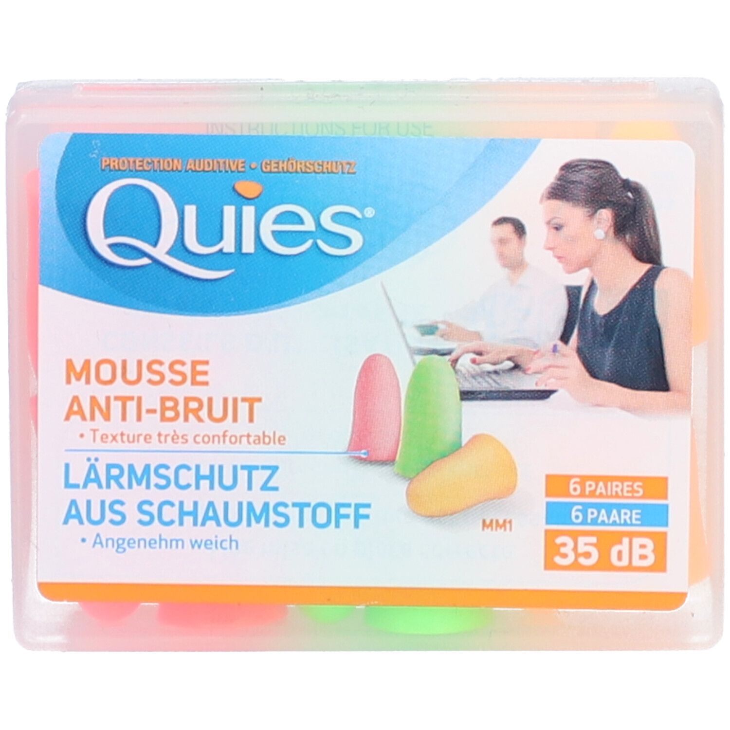 Ohrstöpsel in Packung. Farben: Orange, Grün, Rosa. Text: Quies, Lärmschutz, 35 dB.