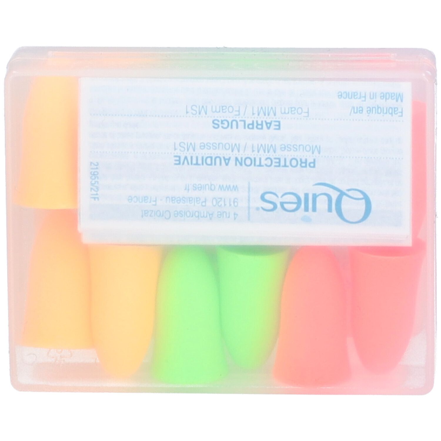 Ohrstöpsel in Packung. Farben: Orange, Grün, Rosa. Text: Quies, Protection Auditive.