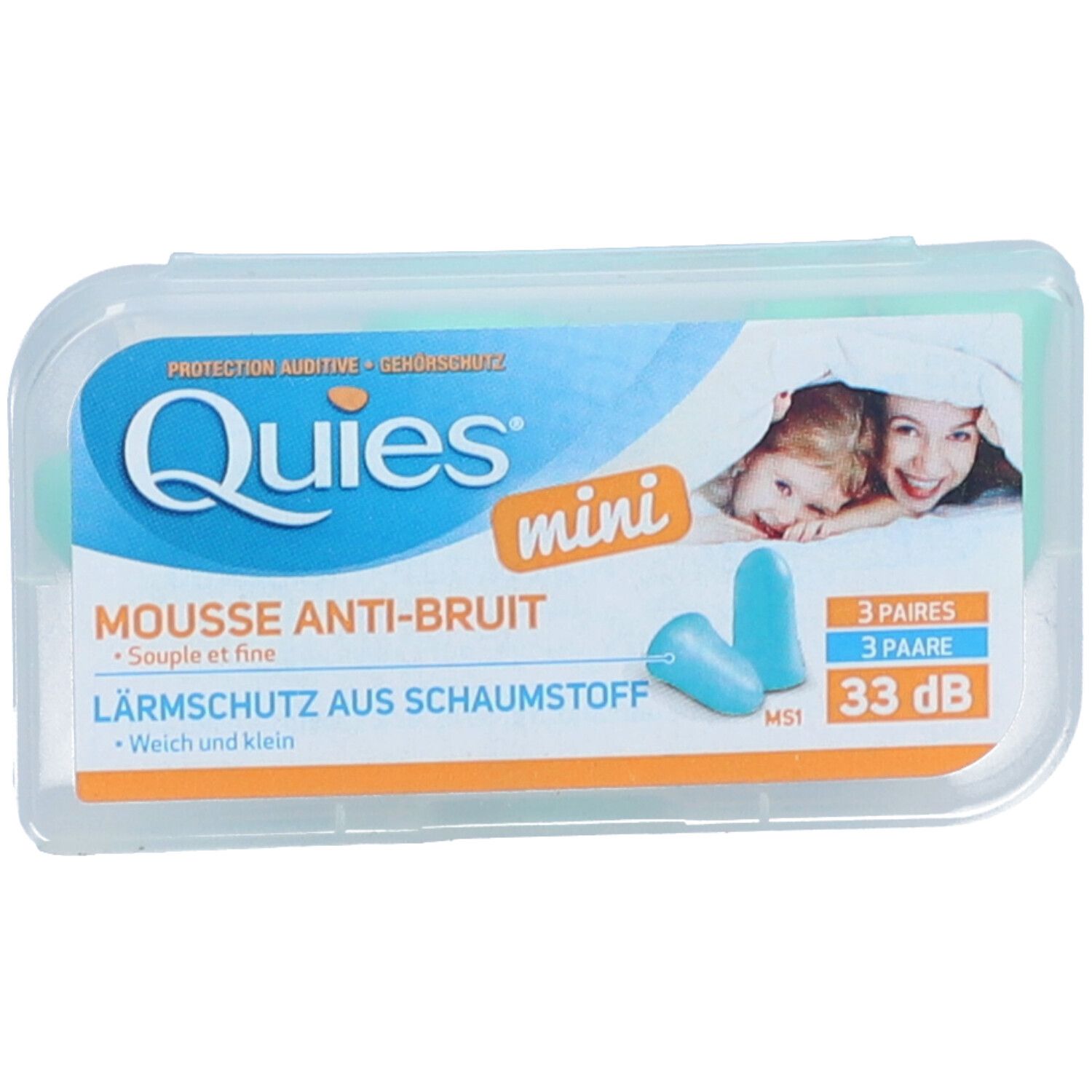 QUIES Lärmschutz aus Schaumstoff MINI in transparenter Box. Blaue Ohrstöpsel und Verpackung mit Produktinformationen.