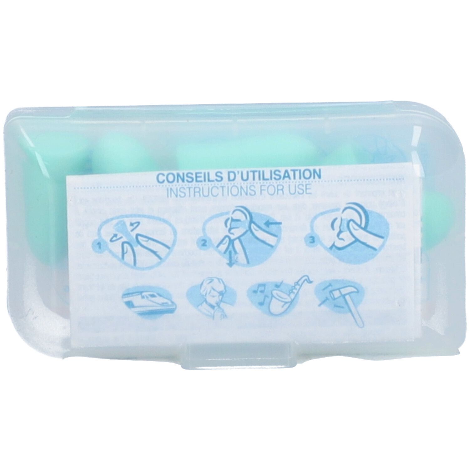 Transparente Box mit QUIES MINI Ohrstöpseln. Anleitung mit Piktogrammen zur Anwendung.