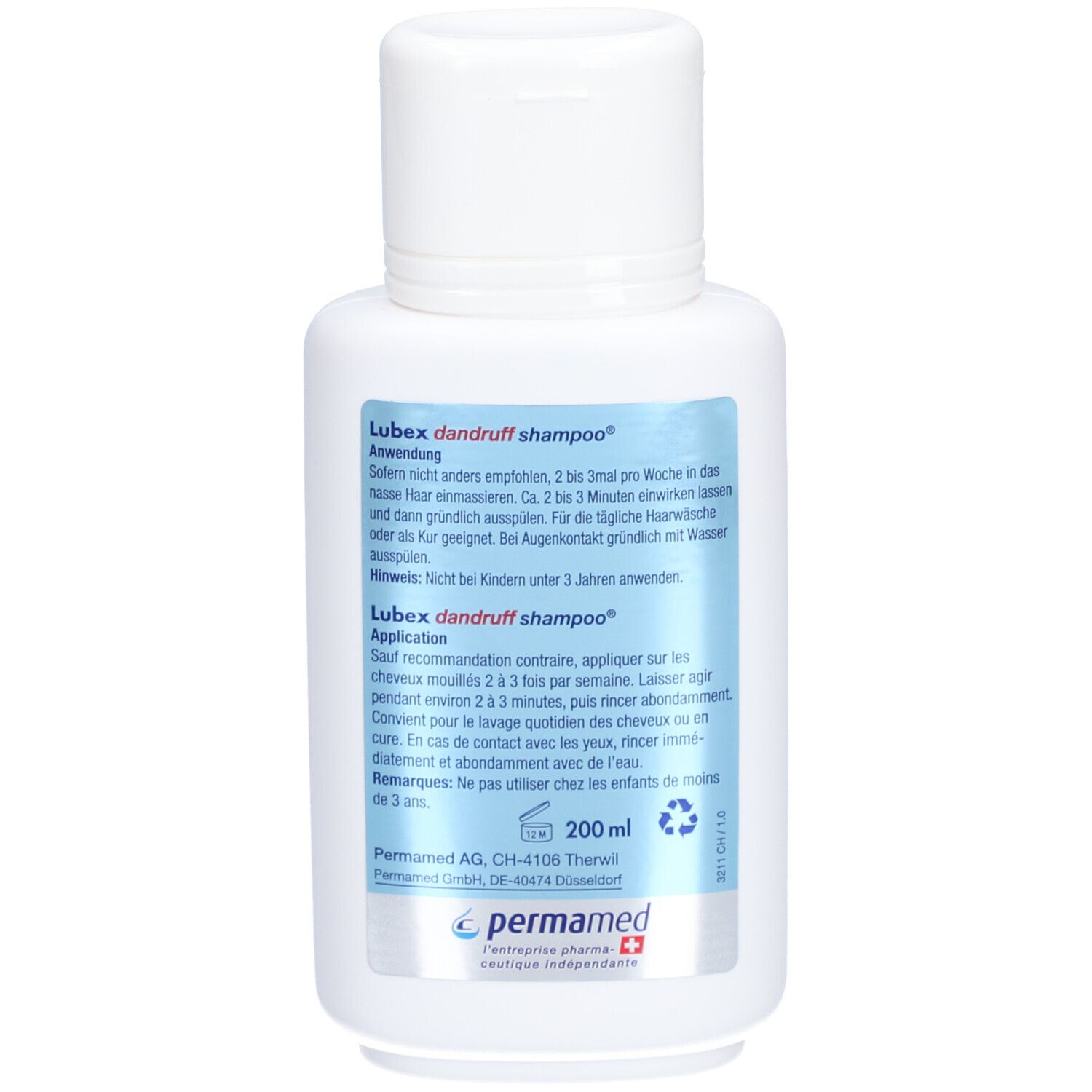 Rückseite der weißen Flasche. Text in Deutsch und Französisch. Aufschrift: Lubex dandruff shampoo.