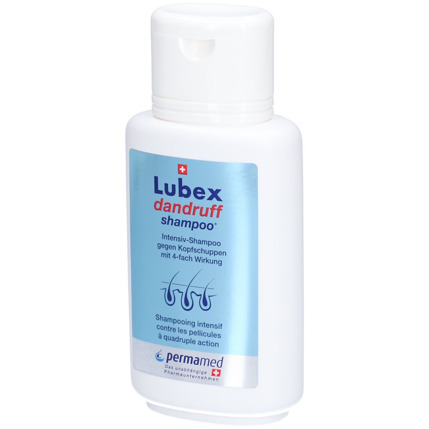 Weiße Flasche mit blauem Etikett. Aufschrift: Lubex dandruff shampoo. Intensiv-Shampoo gegen Kopfschuppen.