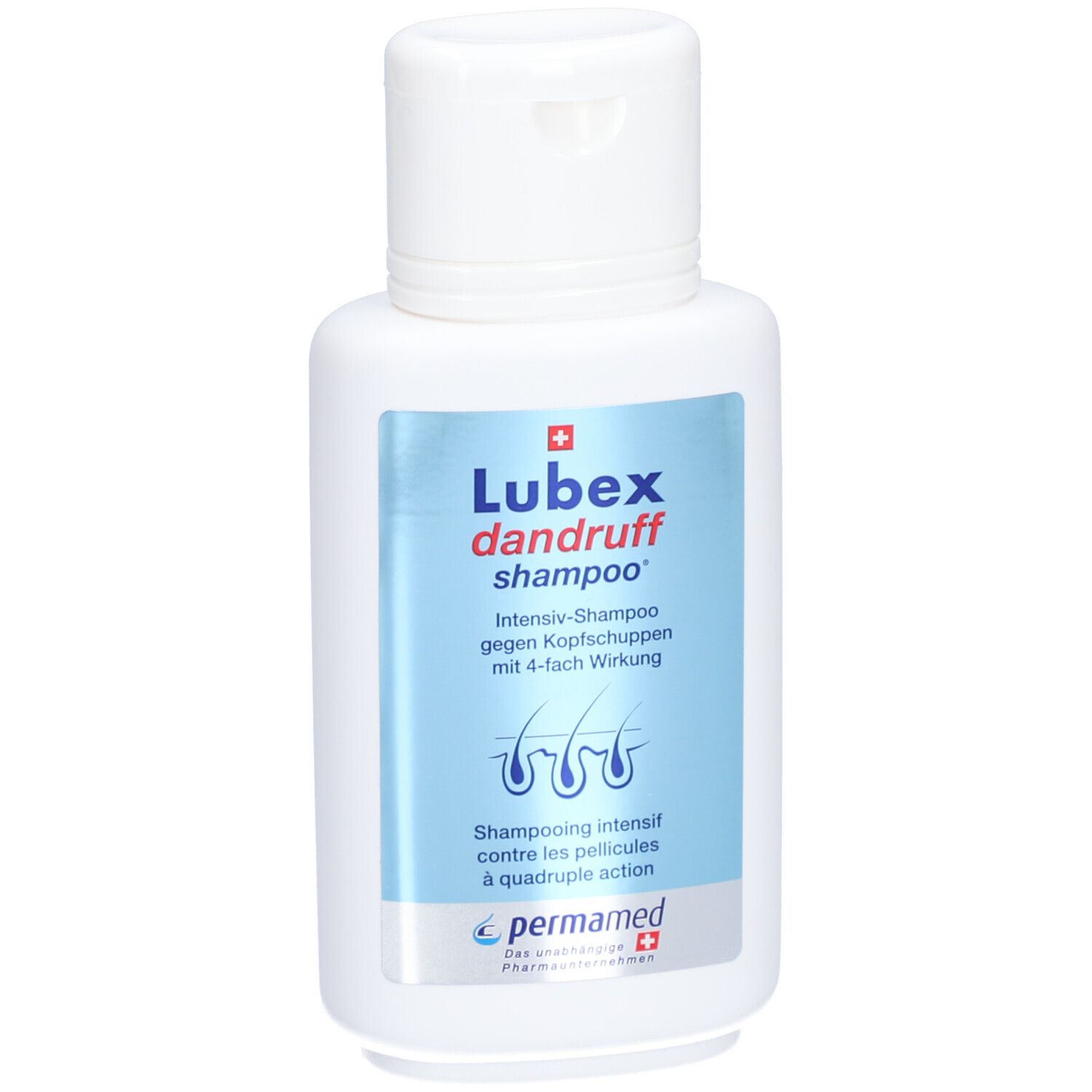 Weiße Flasche mit blauem Etikett. Aufschrift: Lubex dandruff shampoo. Intensiv-Shampoo gegen Kopfschuppen.