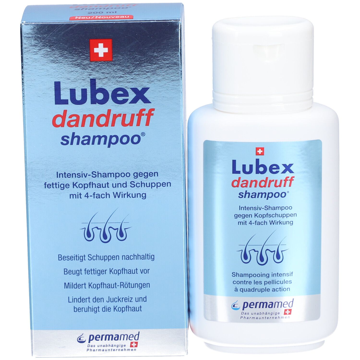 Produkt und Verpackung. Weiße Flasche und Karton. Aufschrift: Lubex dandruff shampoo. Intensiv-Shampoo.