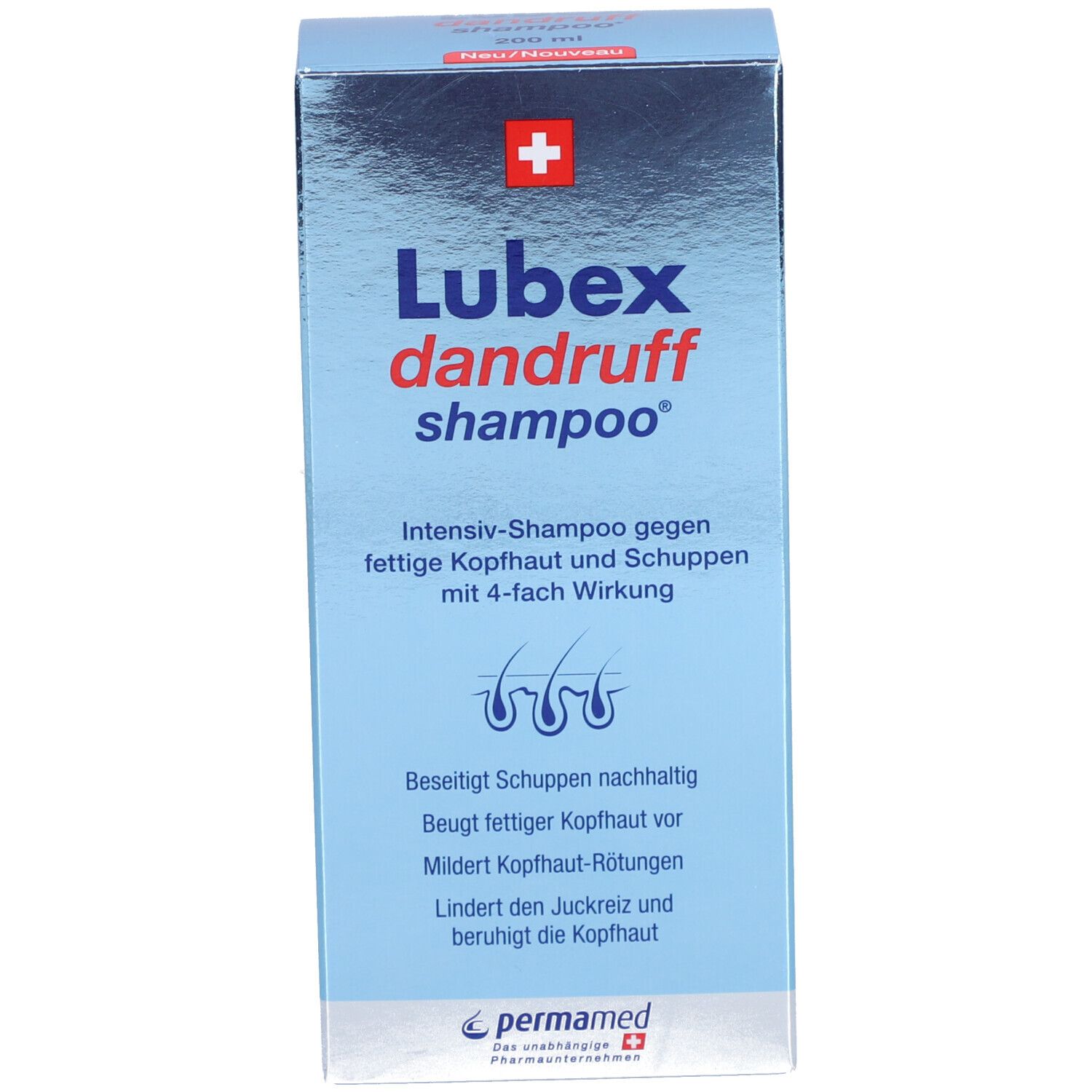 Kartonverpackung. Aufschrift: Lubex dandruff shampoo. Intensiv-Shampoo gegen fettige Kopfhaut und Schuppen.