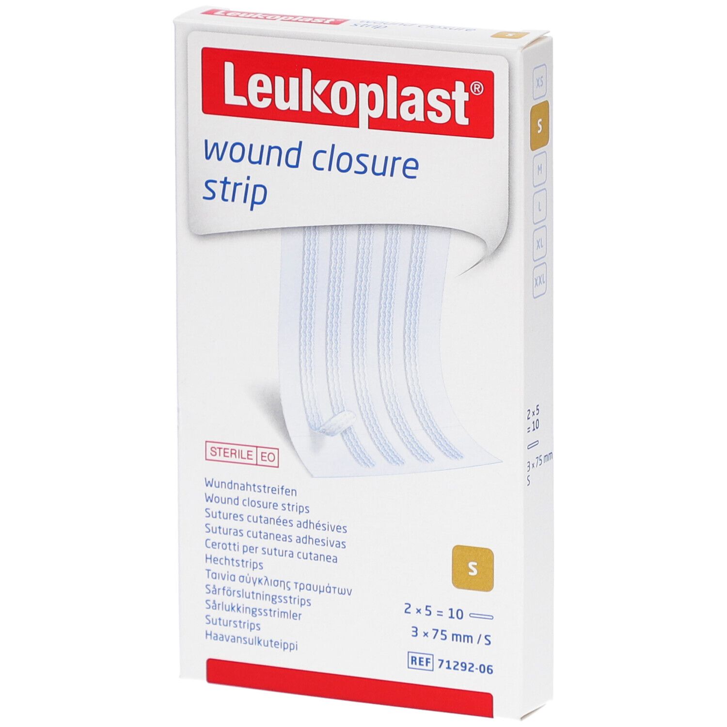 Verpackung mit Leukoplast Wundverschlussstreifen. Enthält Streifen, Größe S, 3x75 mm. Sterile Verpackung.