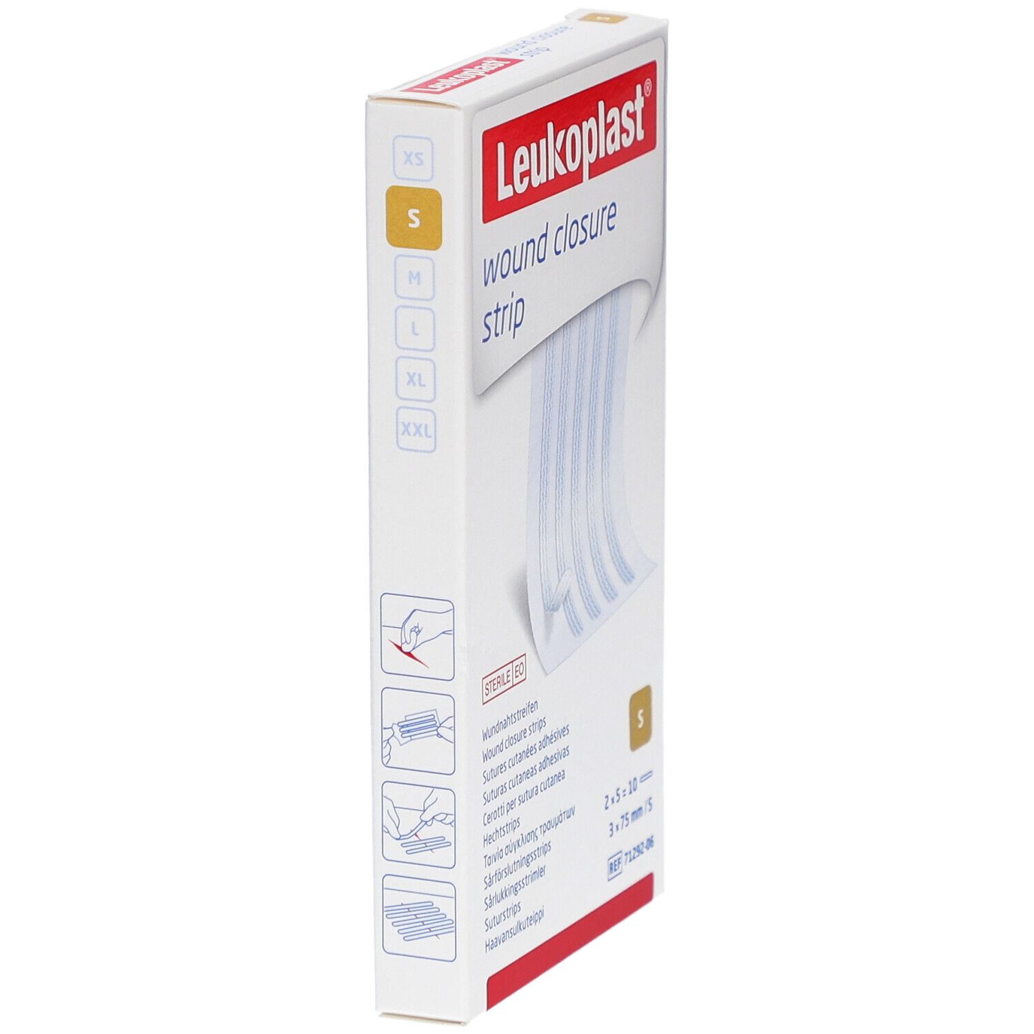 Leukoplast Wundverschlussstreifen-Verpackung, Seitenansicht. Größe S. Enthält Streifen. Sterile Verpackung.