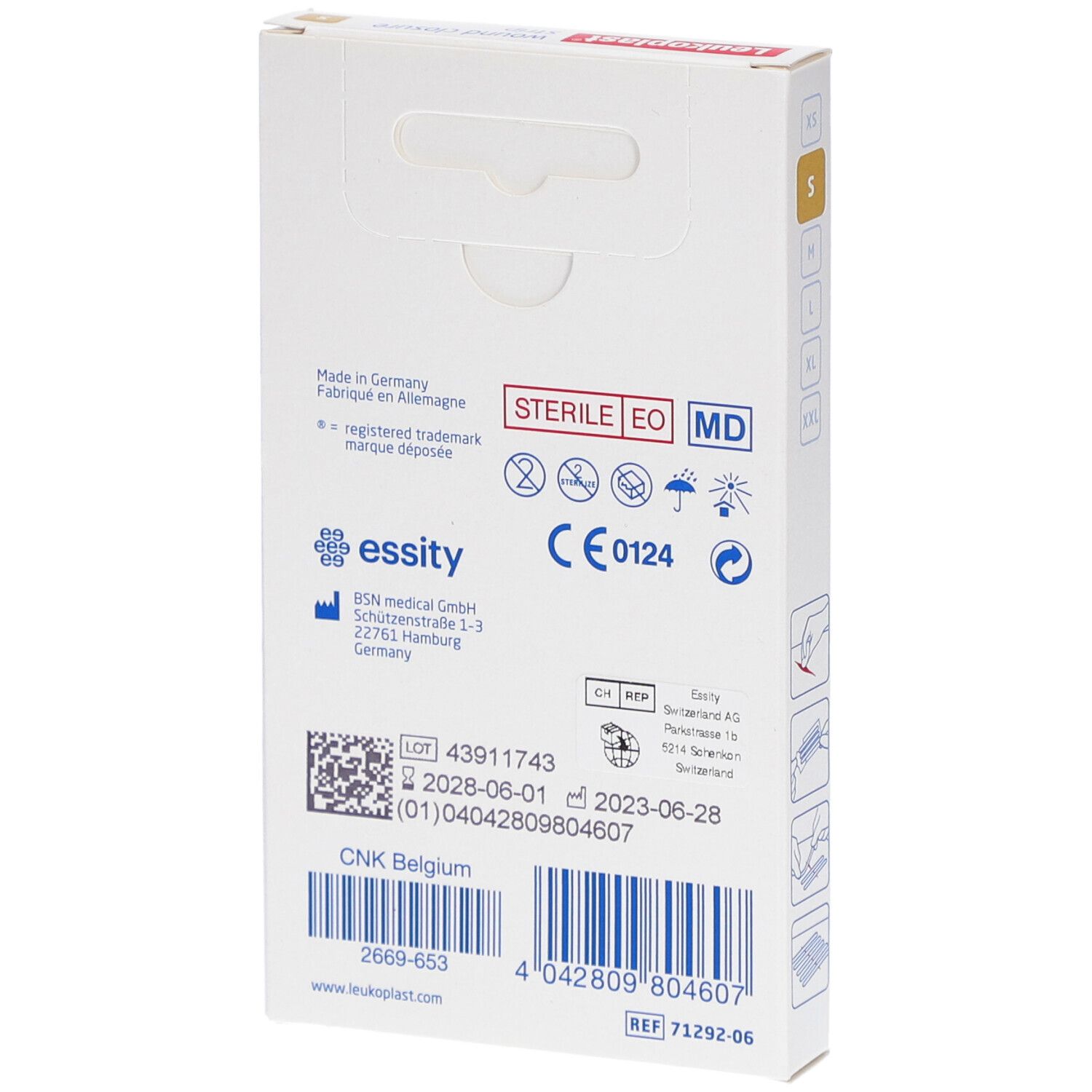 Rückseite der Leukoplast Wundverschlussstreifen-Verpackung. Informationen zu Hersteller, Chargennummer, Verfallsdatum und Zertifizierungen.