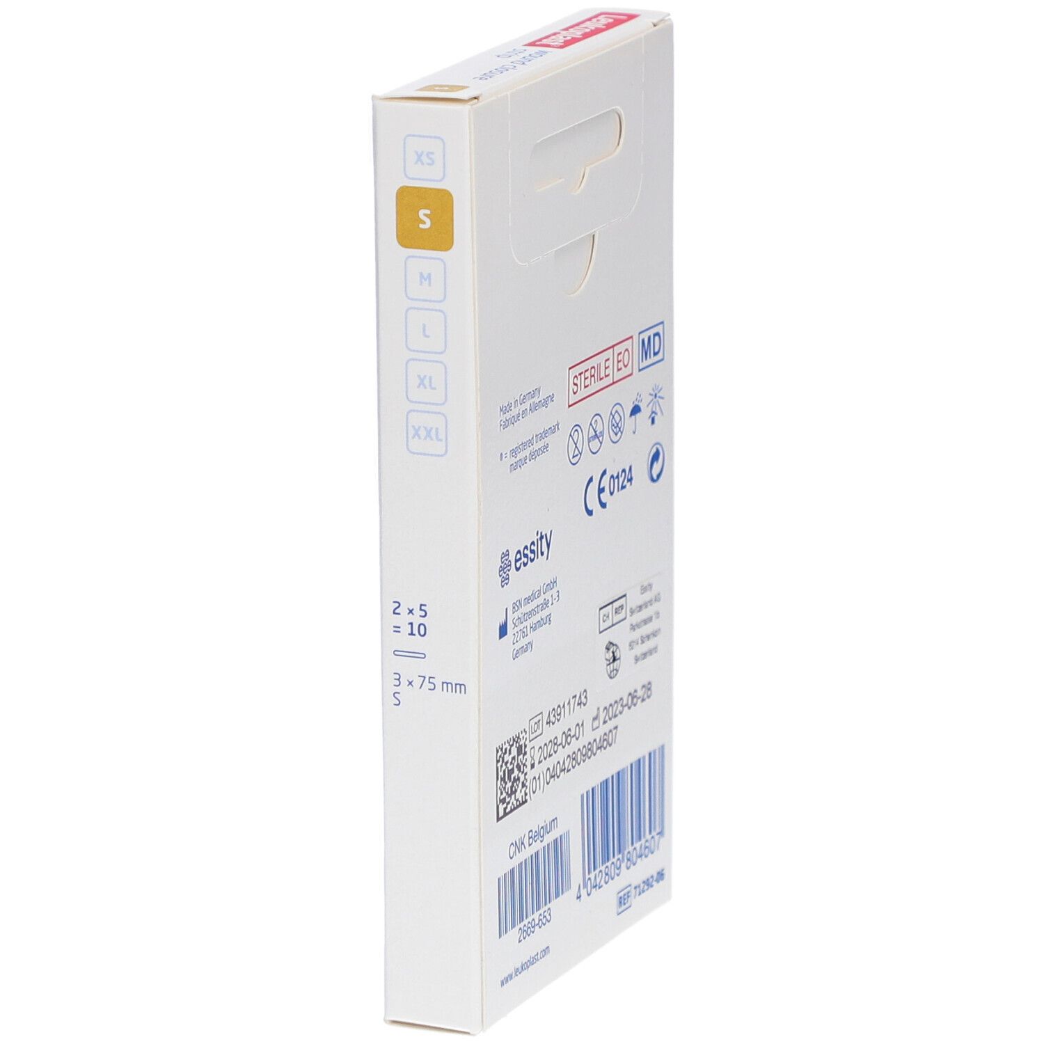Leukoplast Wundverschlussstreifen-Verpackung, Seitenansicht. Größe S. Informationen zu Chargennummer und Verfallsdatum.