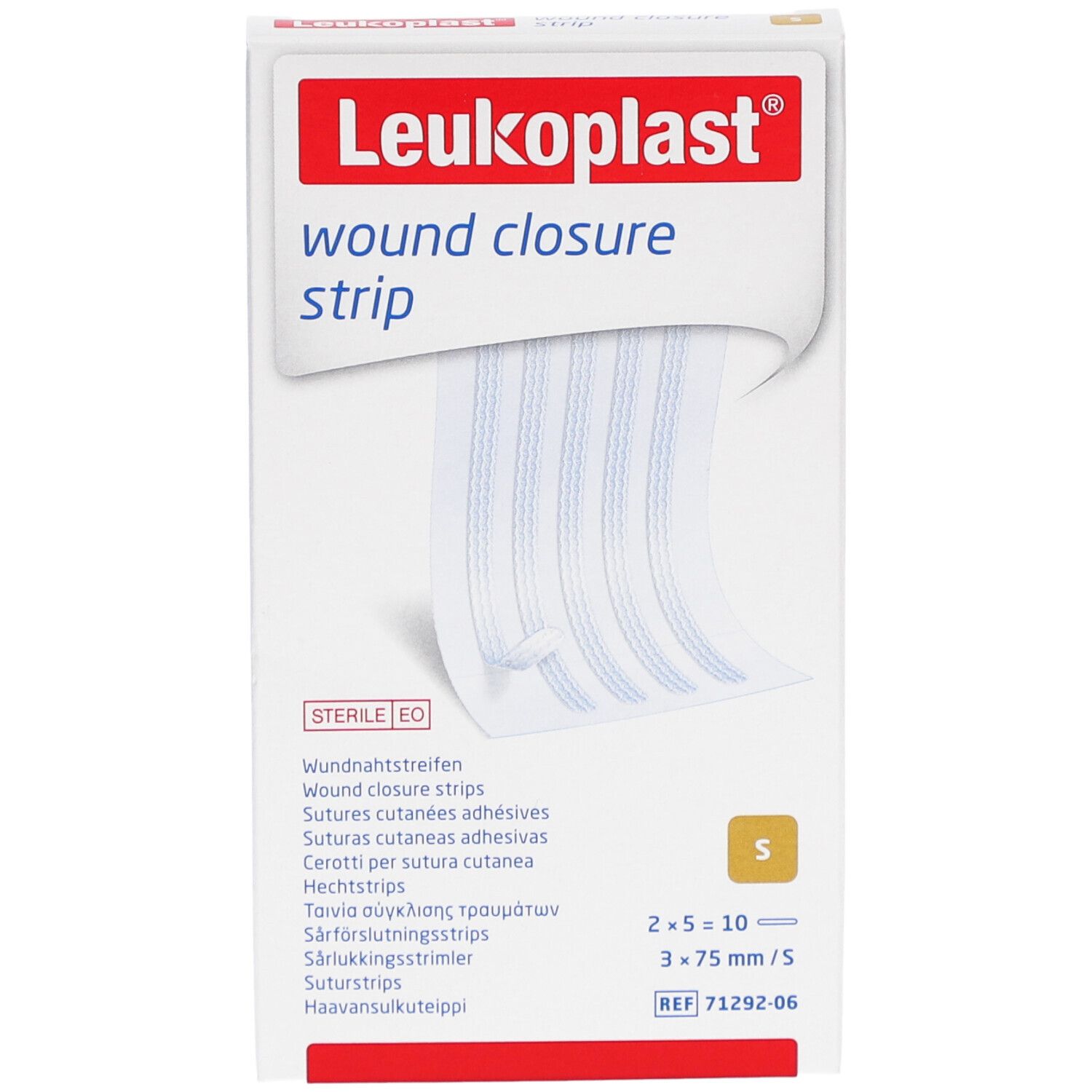 Leukoplast Wundverschlussstreifen-Verpackung. Enthält Streifen, Größe S, 3x75 mm. Sterile Verpackung.