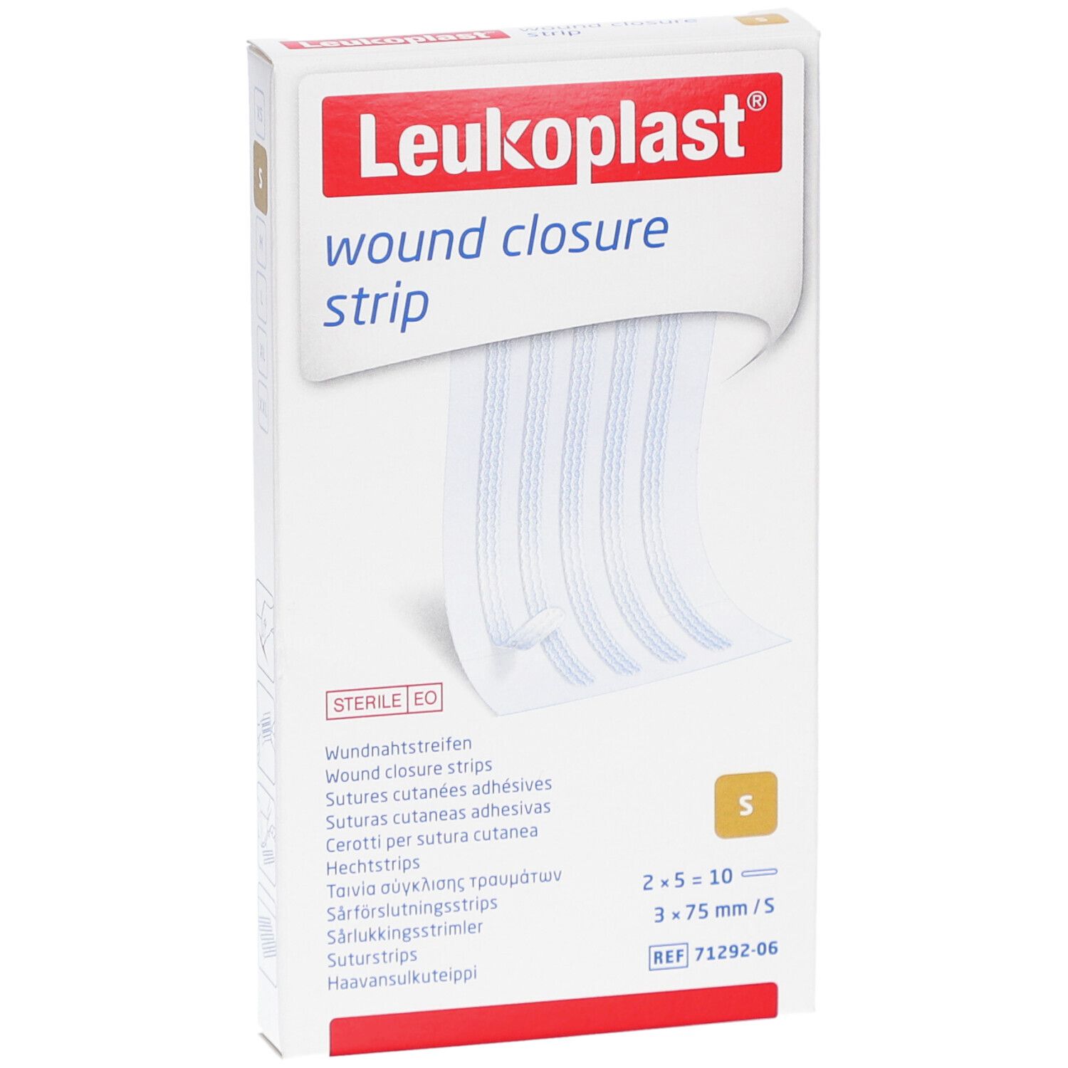 Leukoplast Wundverschlussstreifen-Verpackung. Enthält Streifen, Größe S, 3x75 mm. Sterile Verpackung.