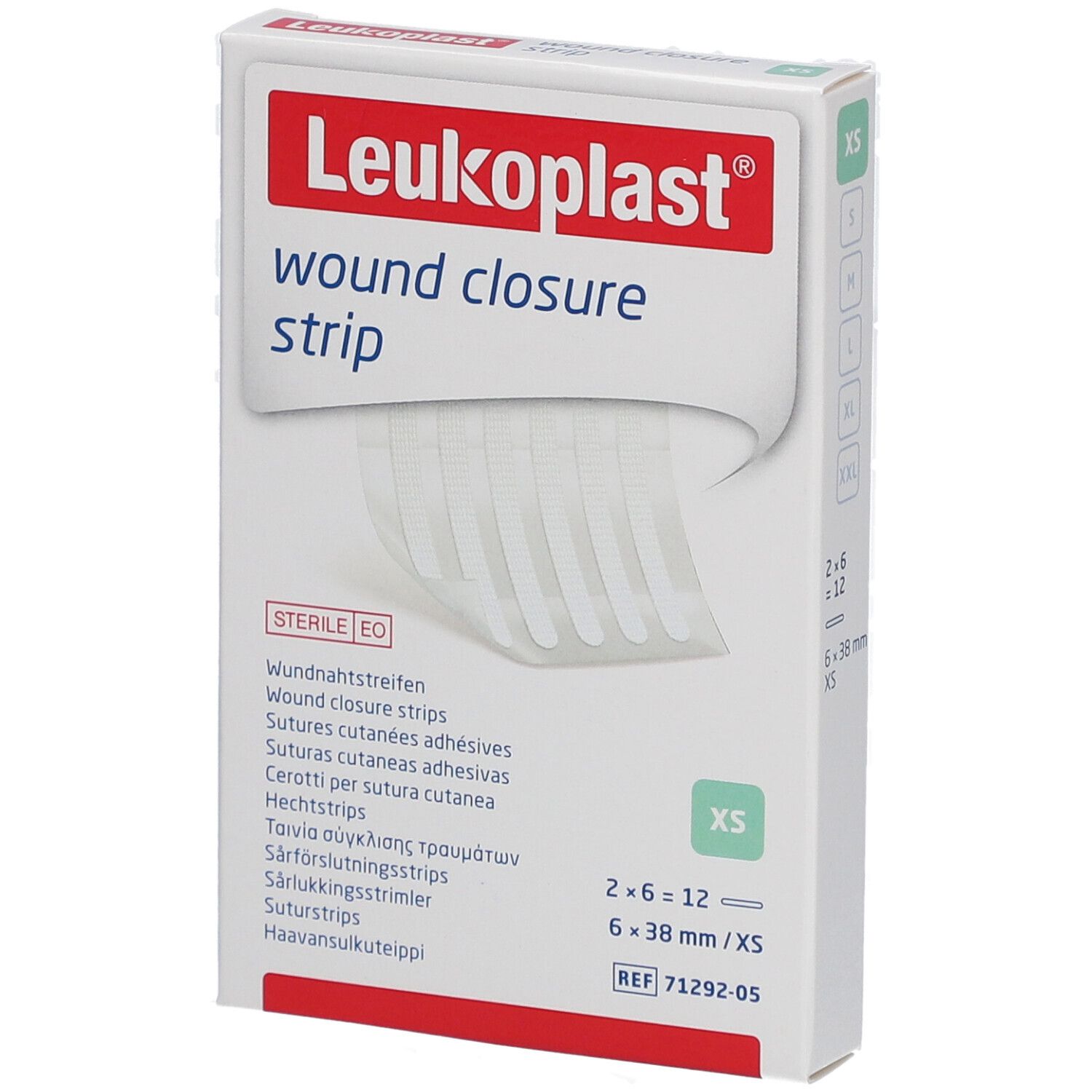 Verpackung mit Leukoplast Wundnahtstreifen. 12 Streifen, 6 x 38 mm. Steril. XS.