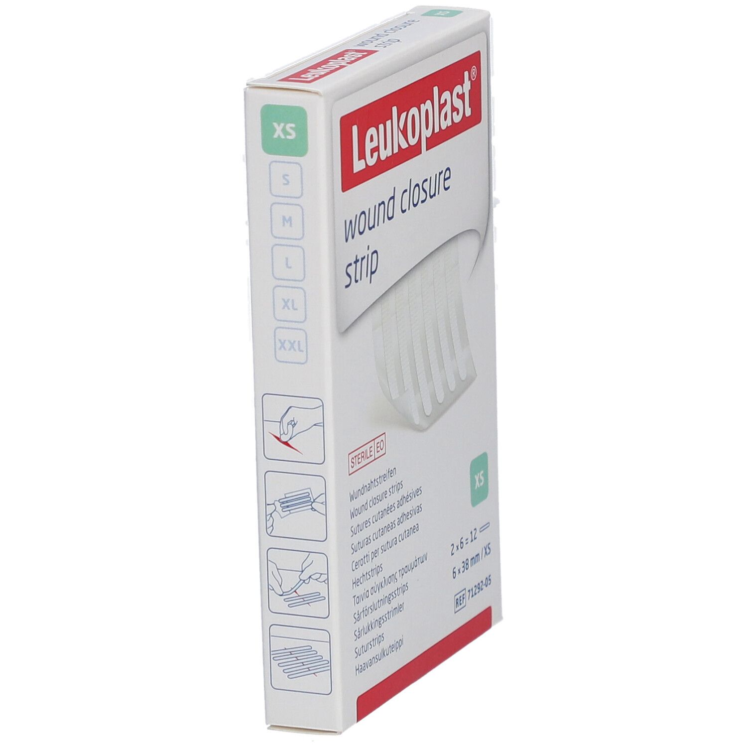 Leukoplast Wundnahtstreifen-Verpackung. XS-Größe. Seitenansicht. 12 Streifen, 6 x 38 mm.
