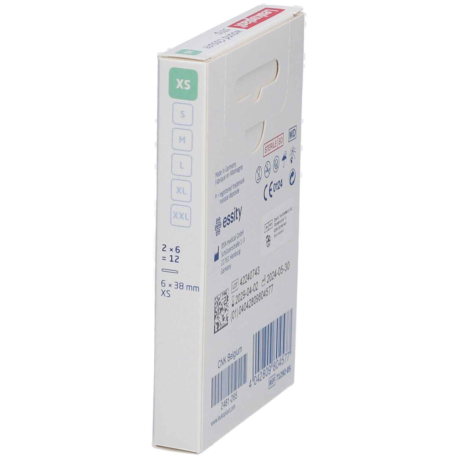Leukoplast-Verpackung, Seitenansicht. Informationen zu Größe XS, 12 Streifen, 6 x 38 mm. Herstellerinformationen.