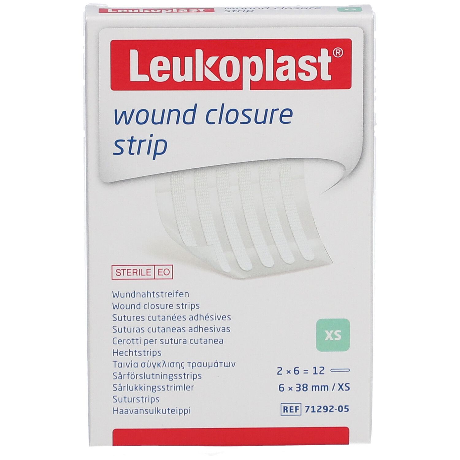 Leukoplast Wundnahtstreifen-Verpackung. 12 Streifen, 6 x 38 mm. Steril. XS.