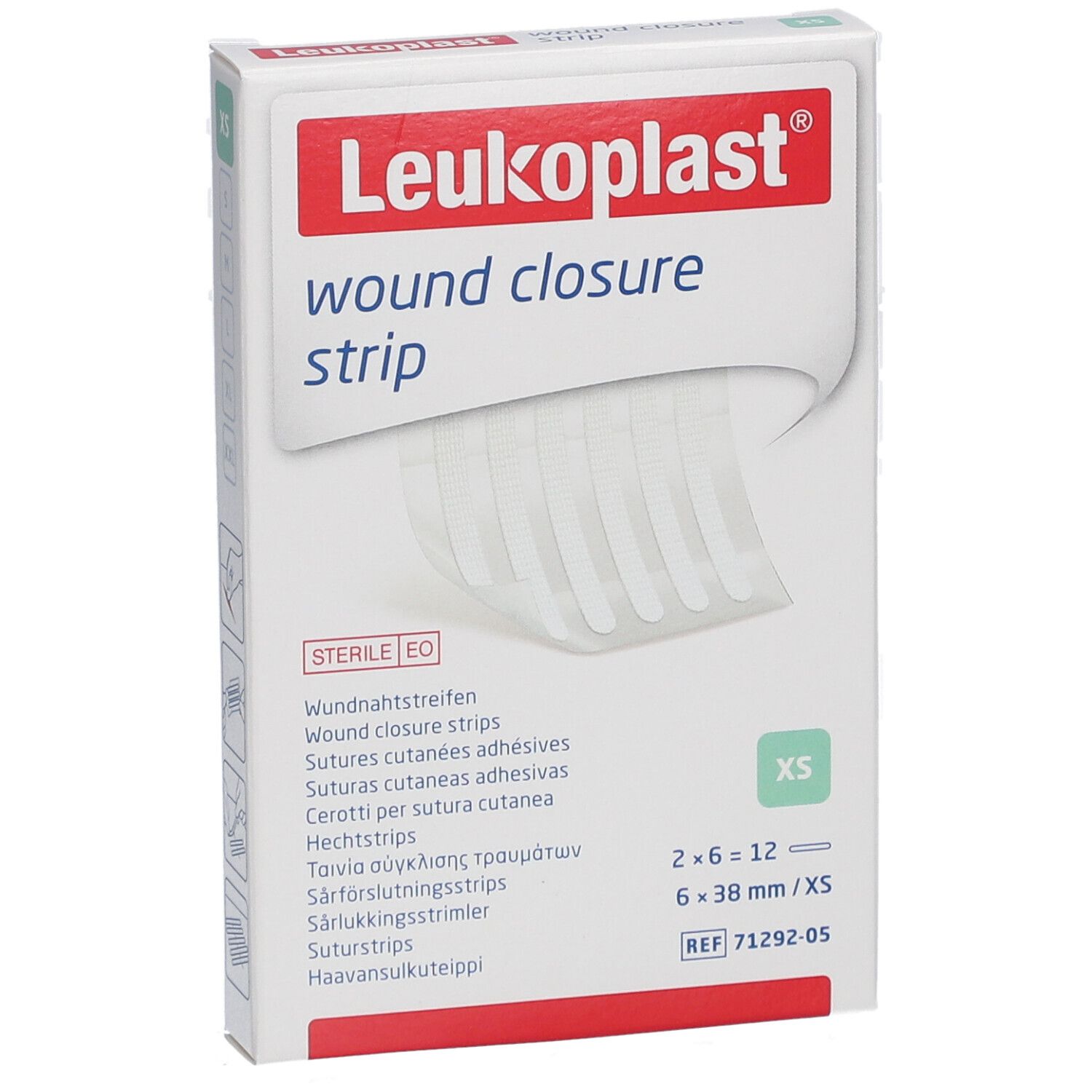 Leukoplast Wundnahtstreifen-Verpackung. 12 Streifen, 6 x 38 mm. Steril. XS.