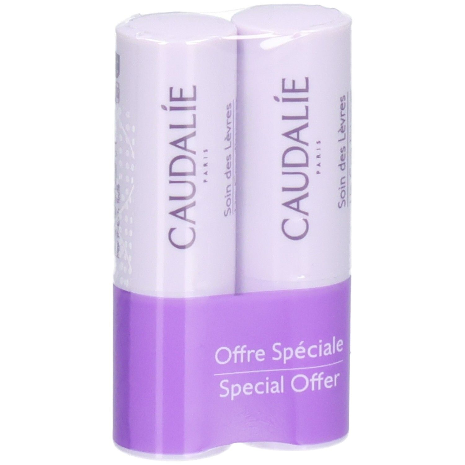 Zwei Lippenpflegestifte in Verpackung. Marke CAUDALIE. Lila Halterung mit Text: Offre Spéciale, Special Offer.