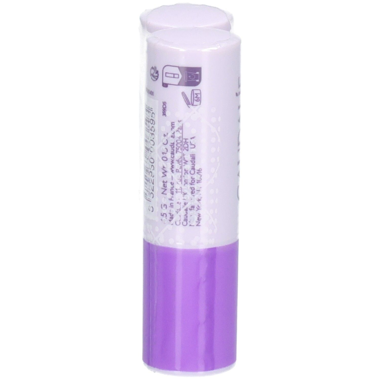 Einzelner Lippenpflegestift. Marke CAUDALIE. Weiß mit lila Basis. Text: Soin des Lèvres, Lip Conditioner.