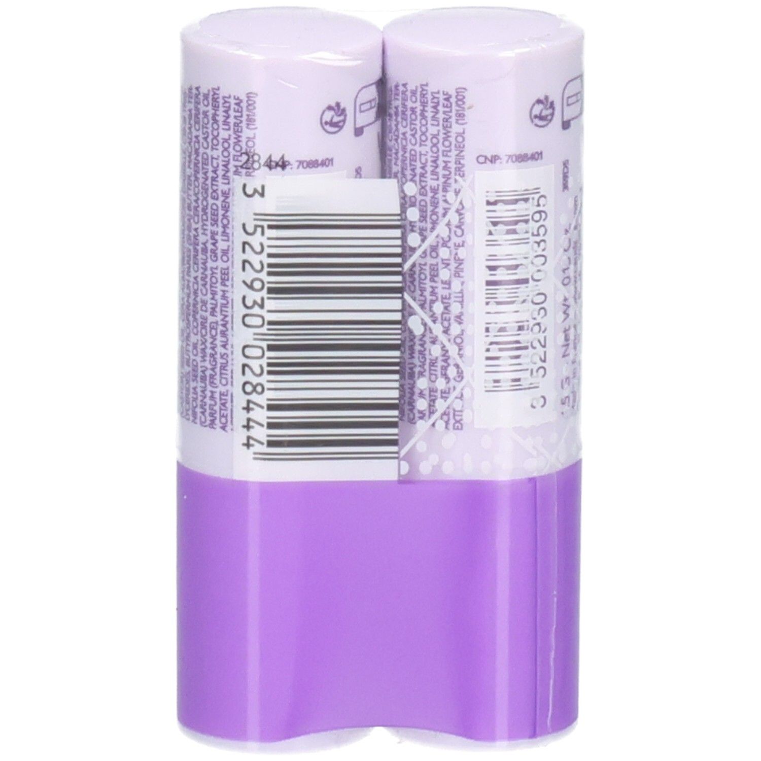 Rückseite der Verpackung mit zwei Lippenpflegestiften. Barcode und Text. Lila Halterung.