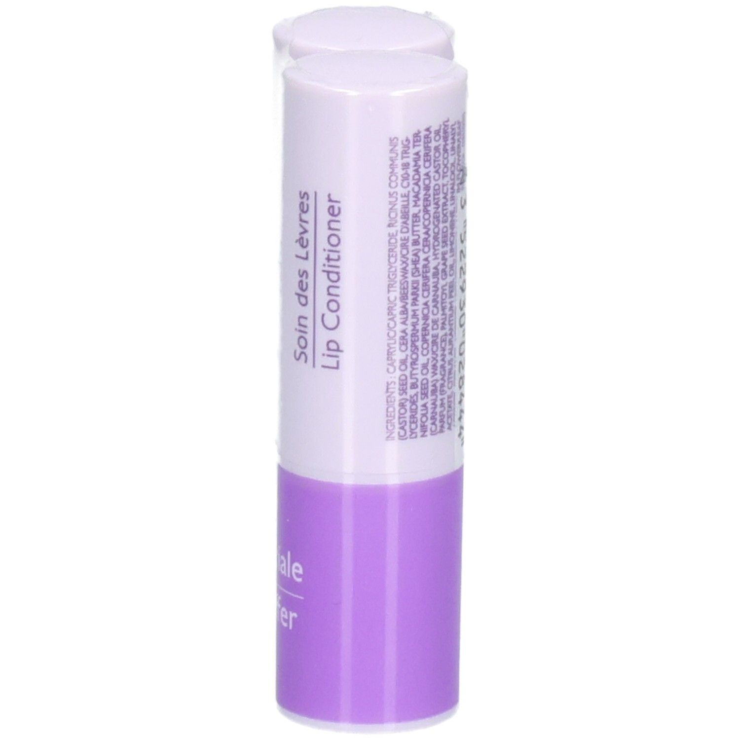 Einzelner Lippenpflegestift. Marke CAUDALIE. Weiß mit lila Basis. Text: Soin des Lèvres, Lip Conditioner.