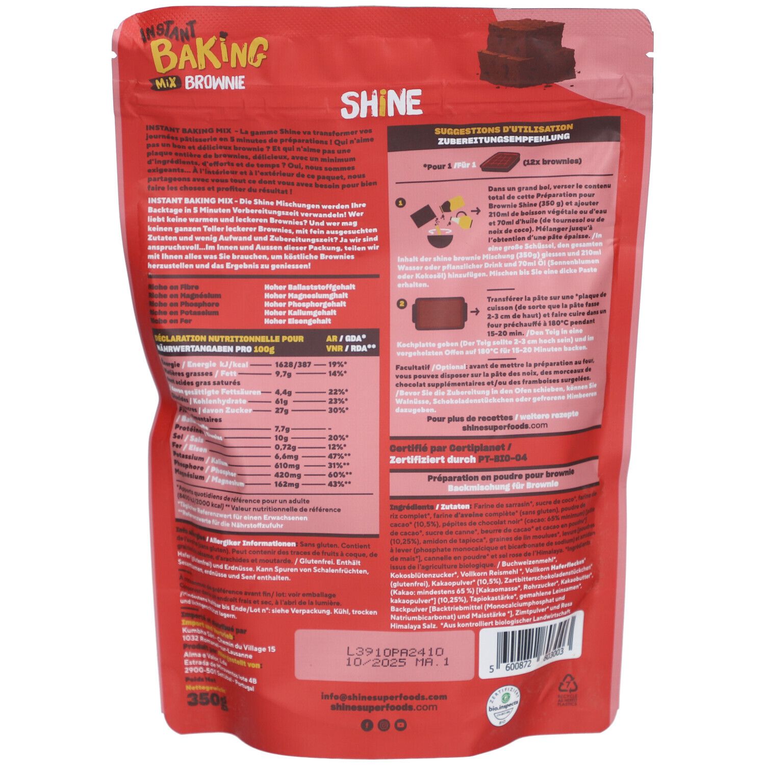 Rückseite der roten Tüte. Text: "SHINE Instant Baking Mix Brownie". Nährwertangaben, Zubereitungshinweise, Bio-Siegel.