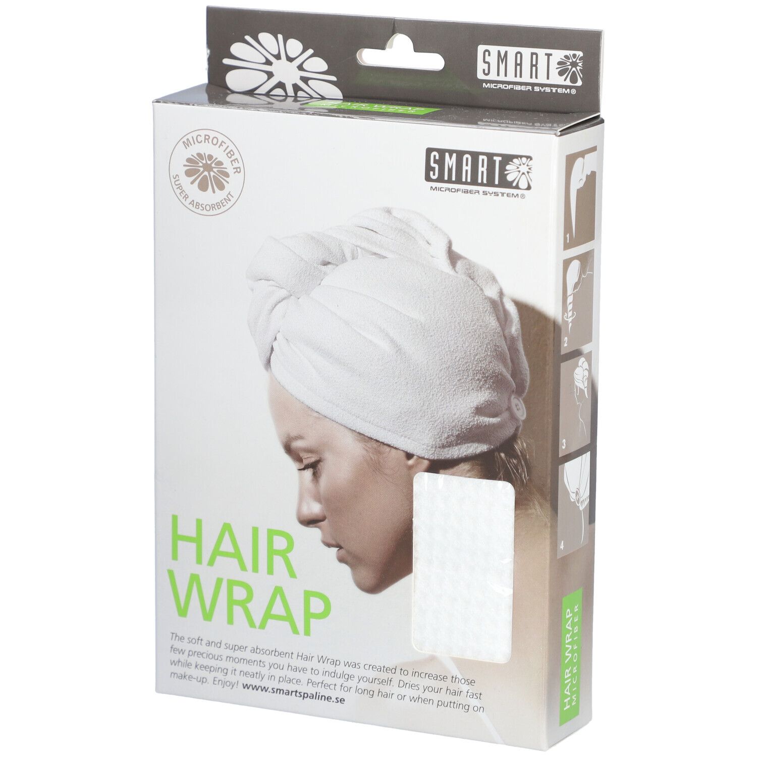 Emballage de HAIR WRAP blanc. Inscription: MICROFIBER, HAIR WRAP. Femme avec le produit. Logo SMART.