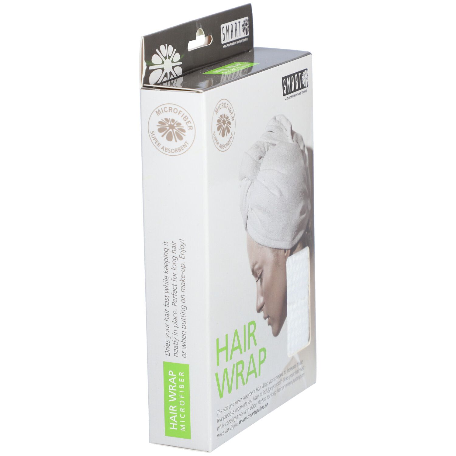 Emballage, HAIR WRAP. Vue latérale. Inscription: MICROFIBER, HAIR WRAP. Femme avec le produit. Logo SMART.