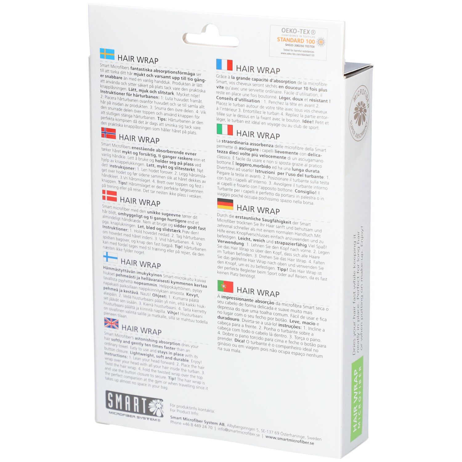Dos de l'emballage. Texte multilingue. Certification Oeko-Tex Standard 100. Logo SMART.