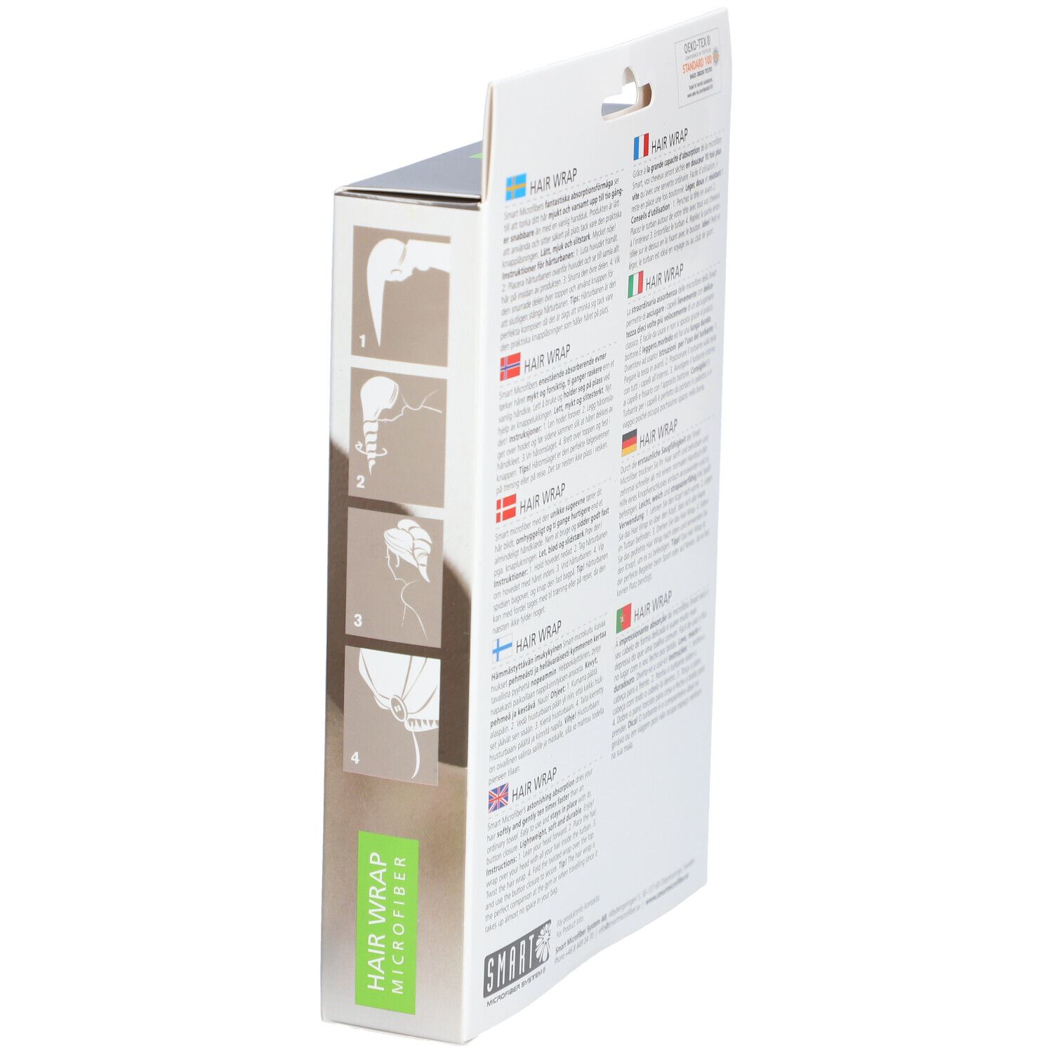 Vue latérale de l'emballage. Illustrations d'utilisation. Texte multilingue. Logo SMART.