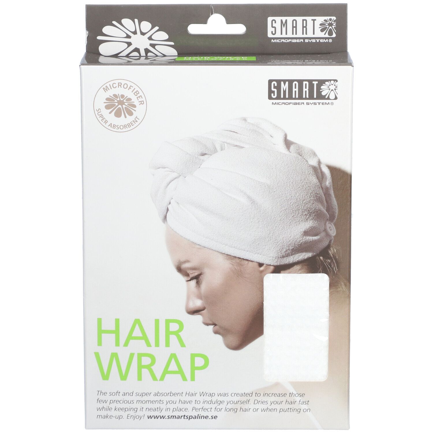 Emballage de HAIR WRAP blanc. Inscription: MICROFIBER, HAIR WRAP. Femme avec le produit. Logo SMART.