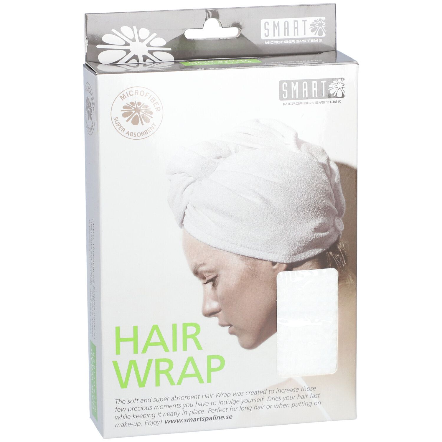 Emballage de HAIR WRAP blanc. Inscription: MICROFIBER, HAIR WRAP. Femme avec le produit. Logo SMART.