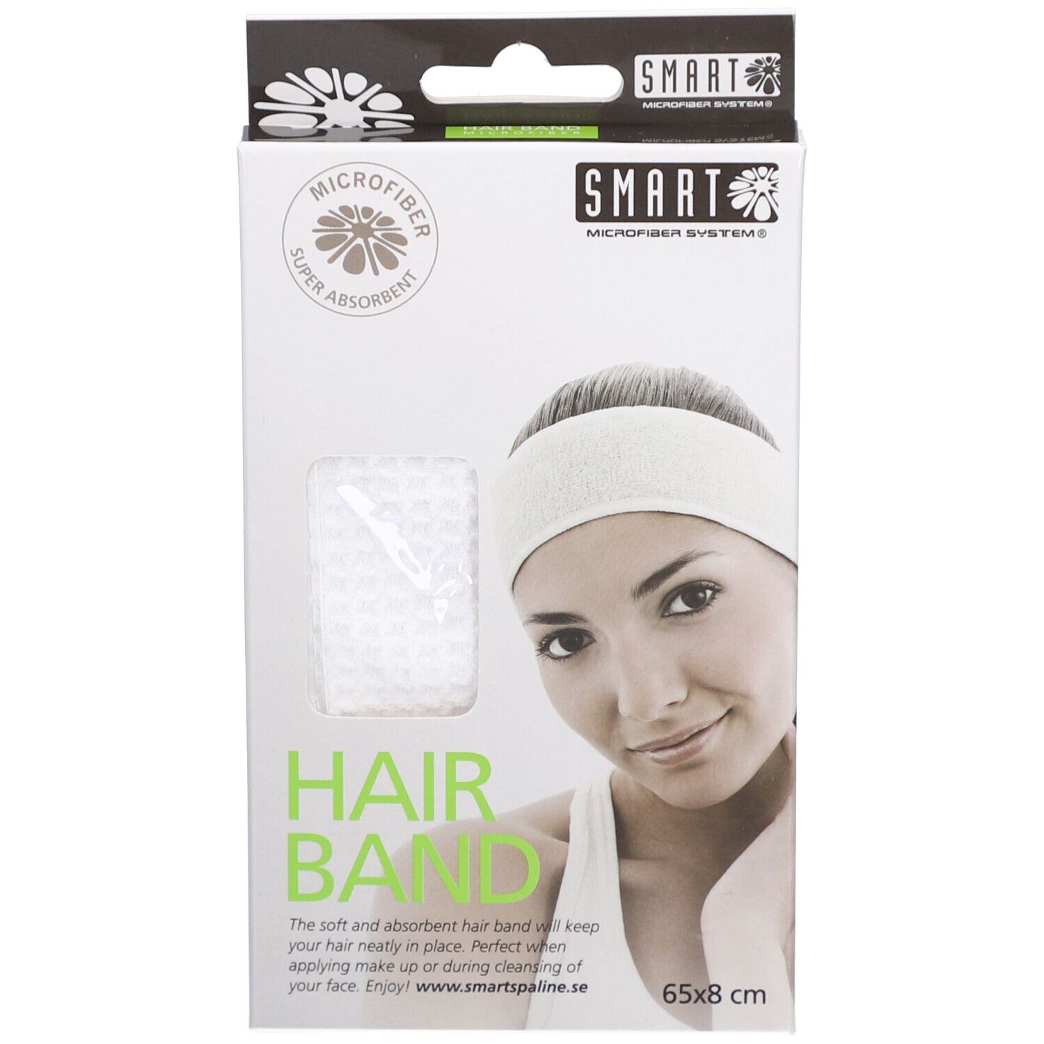 Verpackung mit weißem Haarband. Marke SMART. Aufdruck: MICROFIBER, HAIR BAND, 65x8 cm. Abbildung einer Frau mit Haarband.