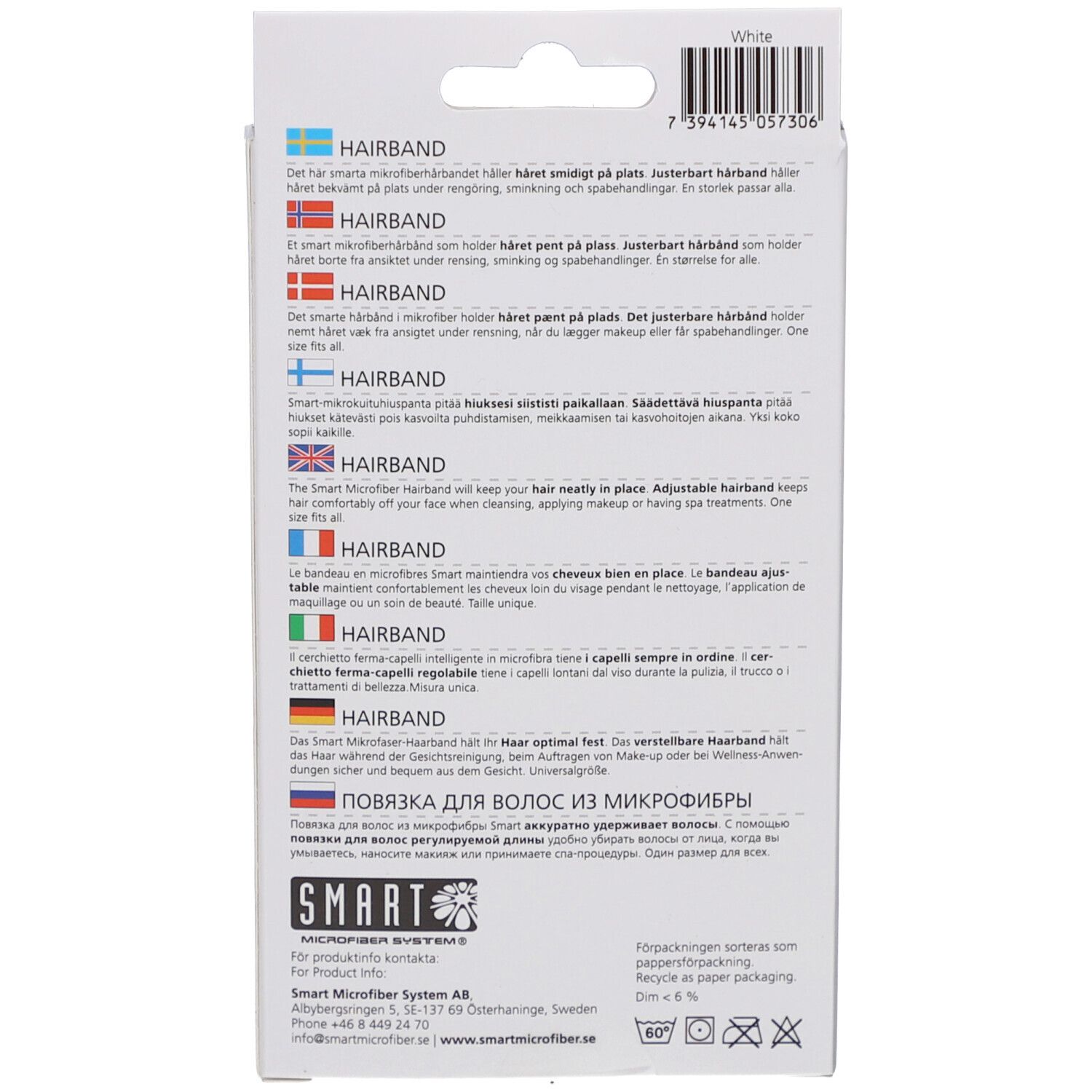 Rückseite der Verpackung. Text in mehreren Sprachen. Marke SMART. Oeko-Tex Standard 100-Zertifizierung. Barcode.