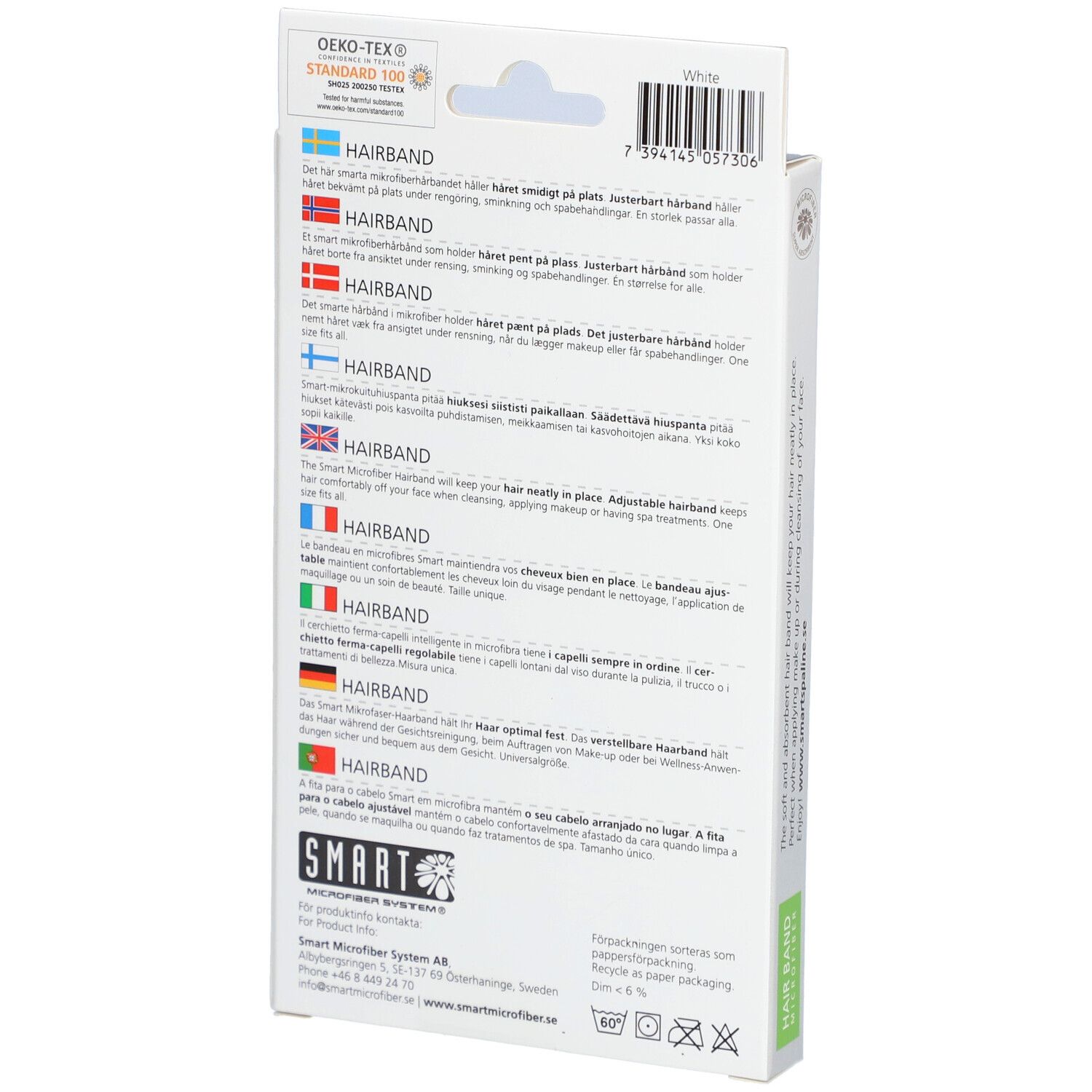 Verpackung, Seitenansicht. Text in mehreren Sprachen. Marke SMART. Oeko-Tex Standard 100-Zertifizierung.