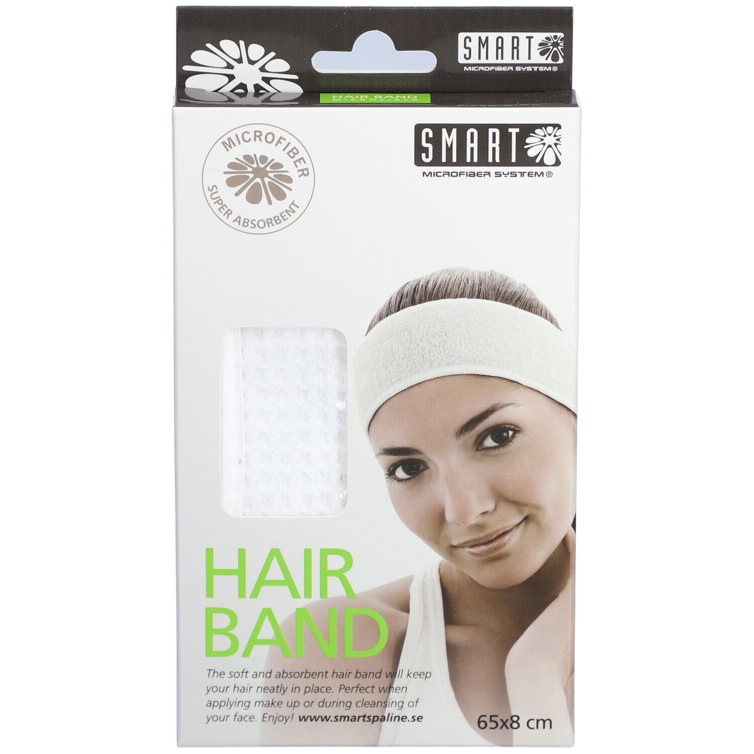 Verpackung mit weißem Haarband. Marke SMART. Aufdruck: MICROFIBER, HAIR BAND, 65x8 cm. Abbildung einer Frau mit Haarband.