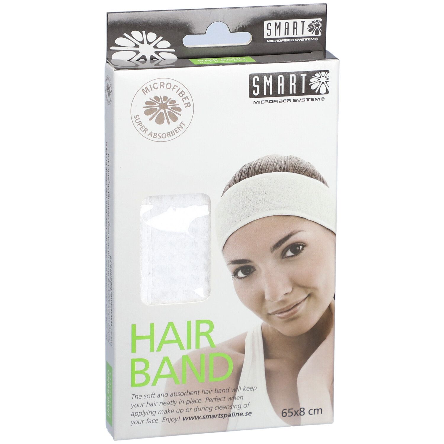 Verpackung mit weißem Haarband. Marke SMART. Aufdruck: MICROFIBER, HAIR BAND, 65x8 cm. Abbildung einer Frau mit Haarband.