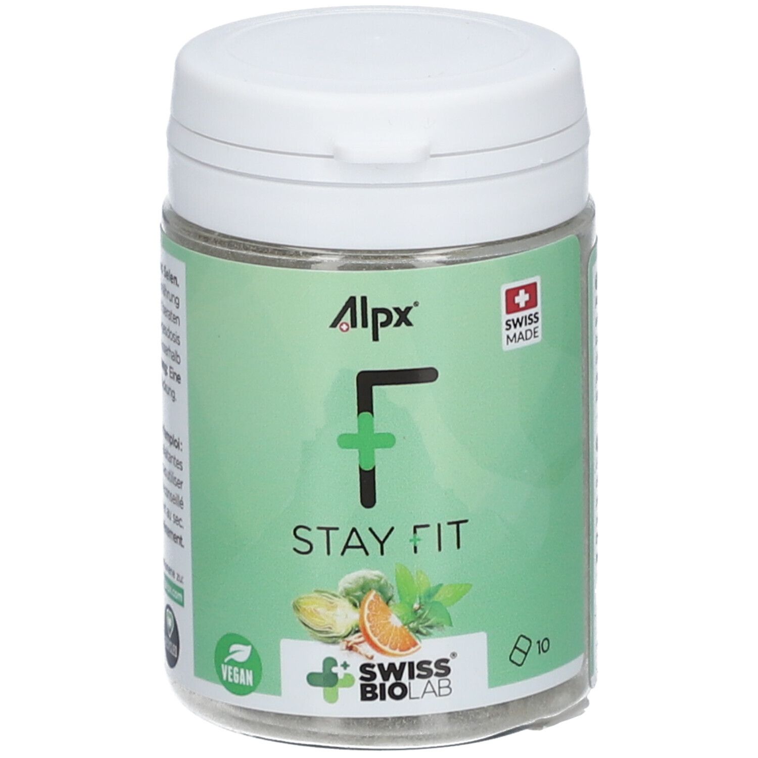 Boîte verte avec couvercle blanc. Inscription : Alpx F STAY FIT. Swiss Made. Vegan. Swiss BioLab. 10 comprimés.