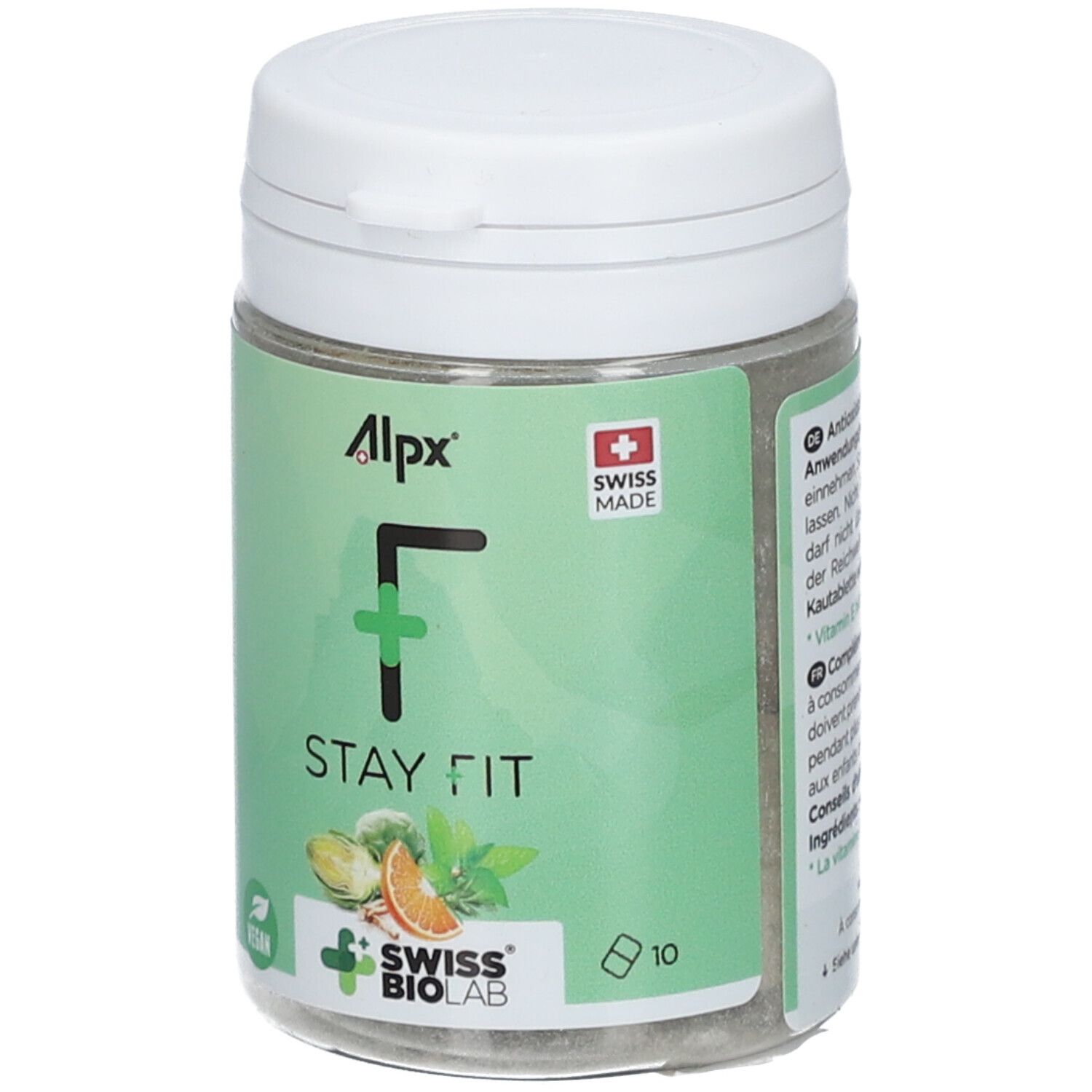Boîte verte avec couvercle blanc. Inscription : Alpx F STAY FIT. Swiss Made. Swiss BioLab. 10 comprimés. Vegan.