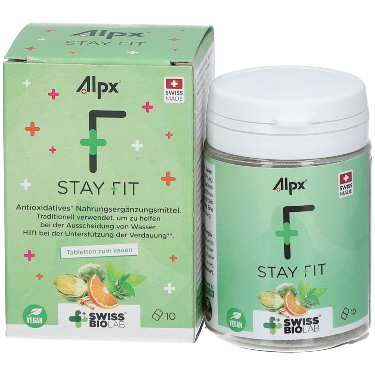 Boîte et pot verts. Inscription : Alpx F STAY FIT. Swiss Made. Swiss BioLab. 10 comprimés. Vegan. Comprimés à mâcher.