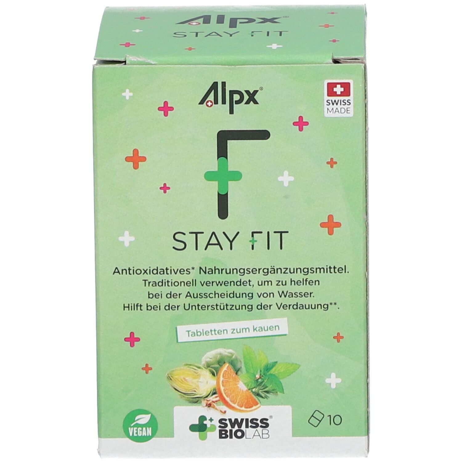 Boîte verte. Inscription : Alpx F STAY FIT. Swiss Made. Swiss BioLab. 10 comprimés. Vegan. Comprimés à mâcher.