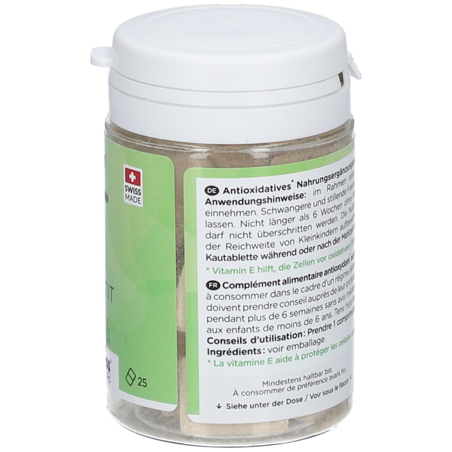Boîte avec couvercle blanc. Inscription : Alpx, F, STAY FIT. Swiss Made. Texte en allemand et français. Vegan.