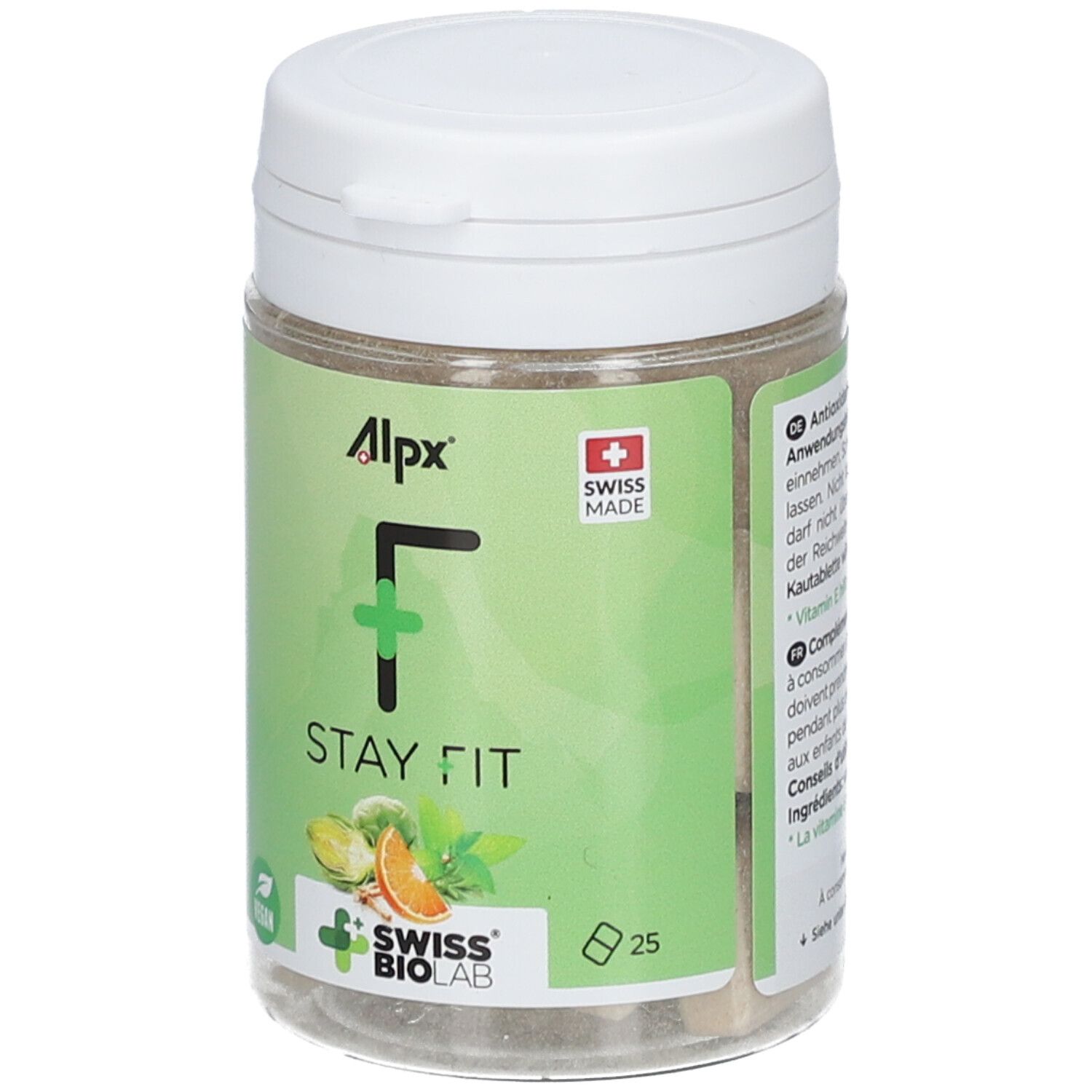 Boîte verte avec couvercle blanc. Inscription : Alpx, F, STAY FIT. Swiss Made. 25 comprimés. Vegan.