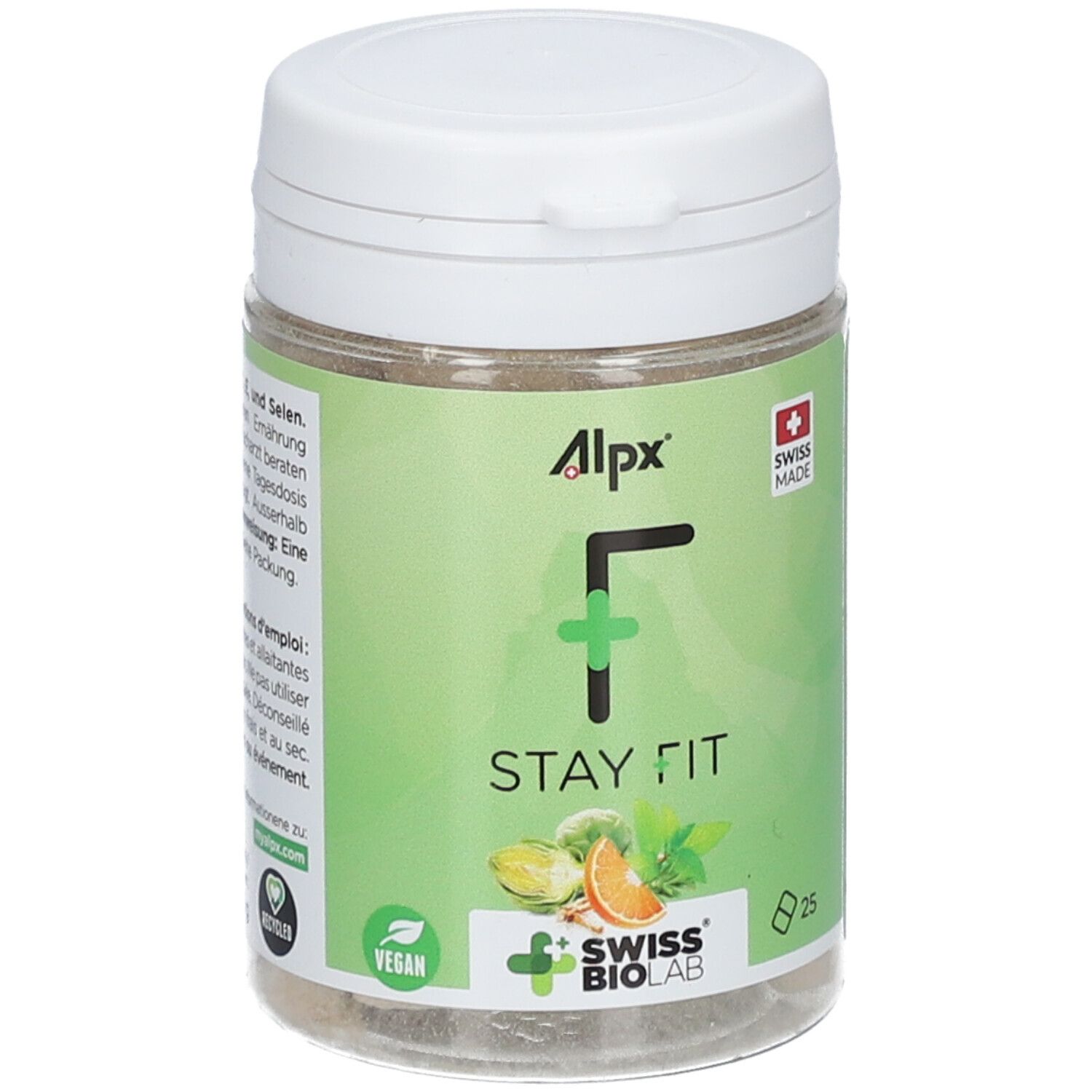Boîte verte avec couvercle blanc. Inscription : Alpx, F, STAY FIT. Swiss Made. 25 comprimés. Vegan.