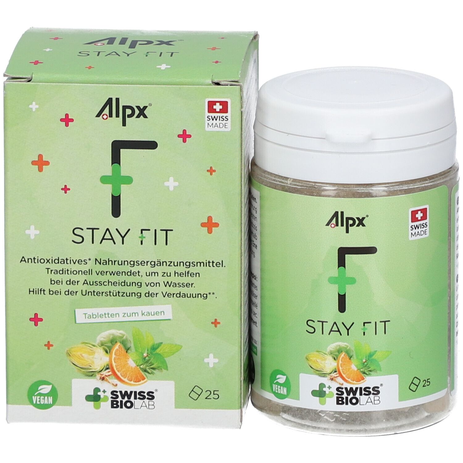 Boîte et pot verts. Inscription : Alpx, F, STAY FIT. Swiss Made. 25 comprimés. Vegan. Comprimés à mâcher.