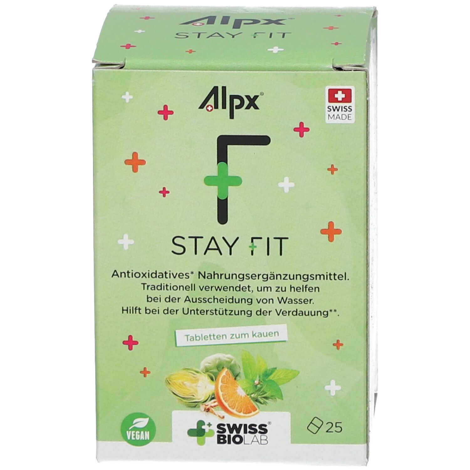 Boîte verte. Inscription : Alpx, F, STAY FIT. Swiss Made. 25 comprimés. Vegan. Comprimés à mâcher.