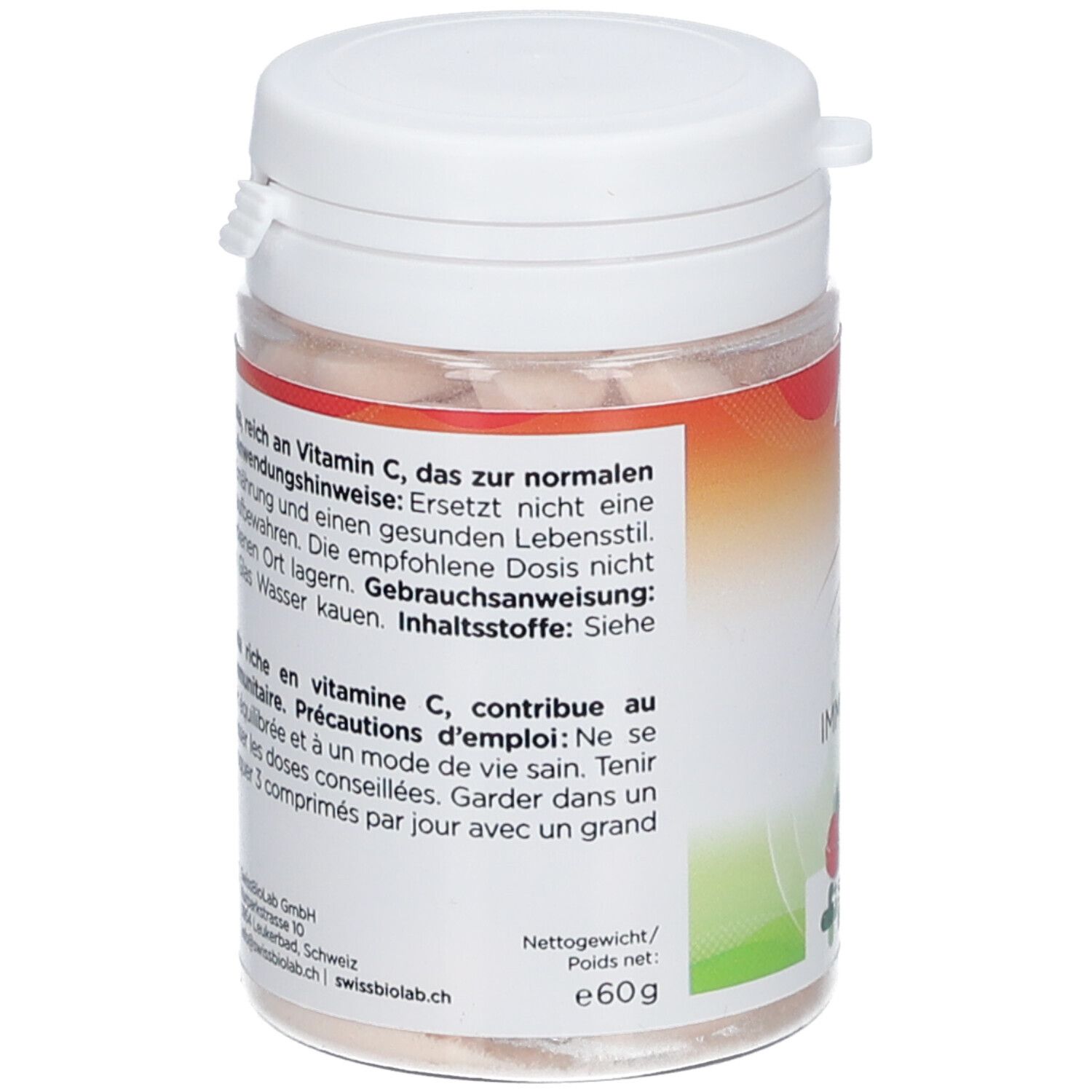Dos du flacon de comprimés. Texte en allemand et français. Poids net : 60g. Logo Swiss Biolab. Fabriqué en Suisse.