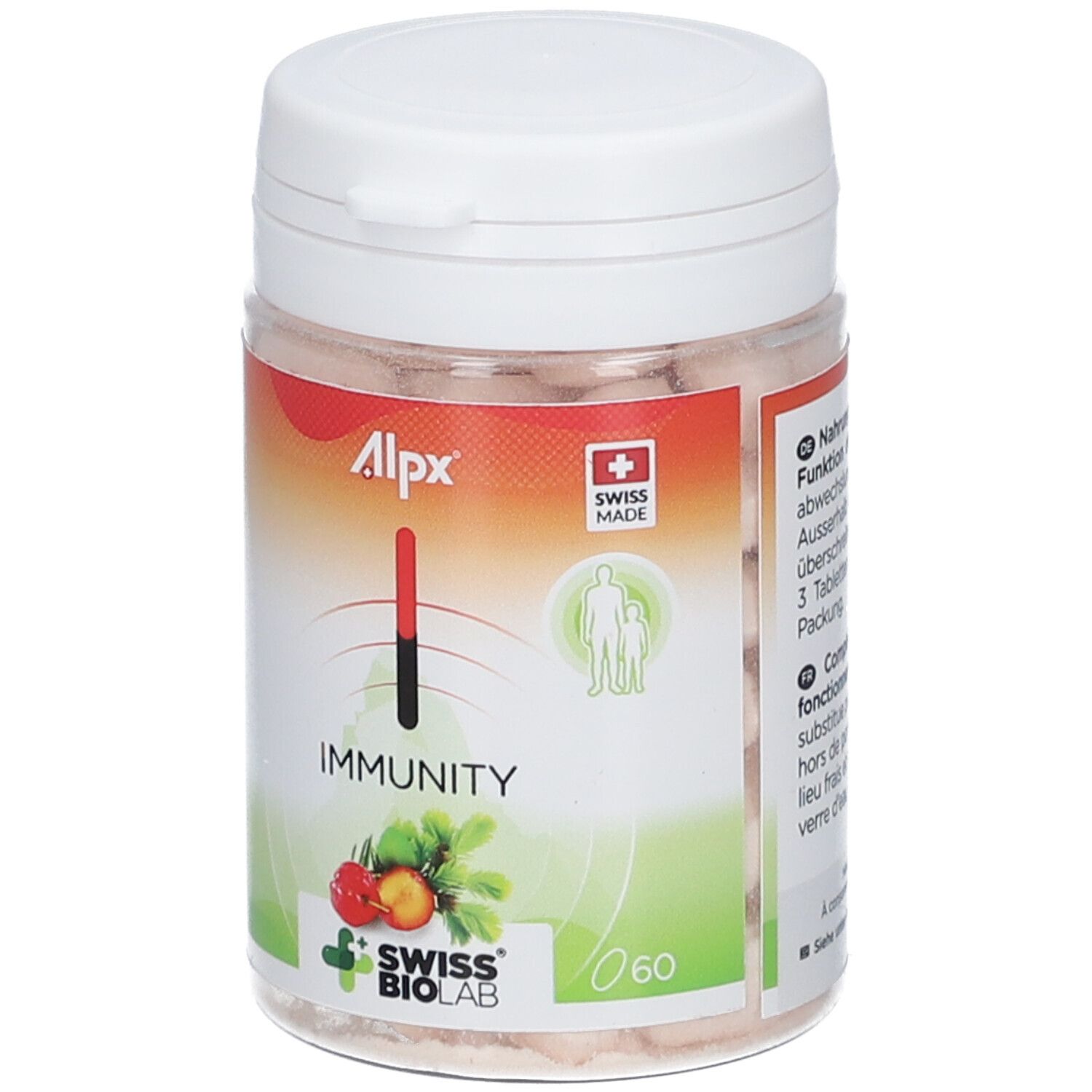 Boîte transparente avec comprimés. Couvercle blanc. Inscription : Alpx, Immunity, Swiss Made. 60 comprimés. Logo Swiss Biolab.