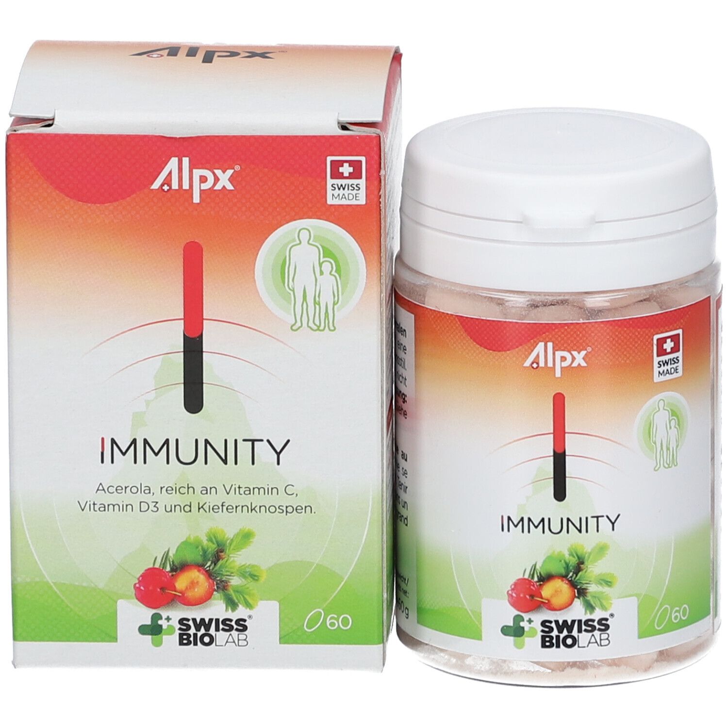 Emballage du produit avec boîte et carton. Inscription : Alpx, Immunity, Swiss Made. 60 comprimés. Logo Swiss Biolab. Ingrédients.