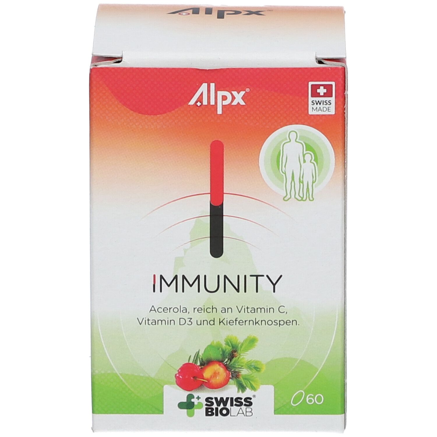 Emballage du produit. Inscription : Alpx, Immunity, Swiss Made. 60 comprimés. Logo Swiss Biolab. Ingrédients. Acerola, Vitamine C.