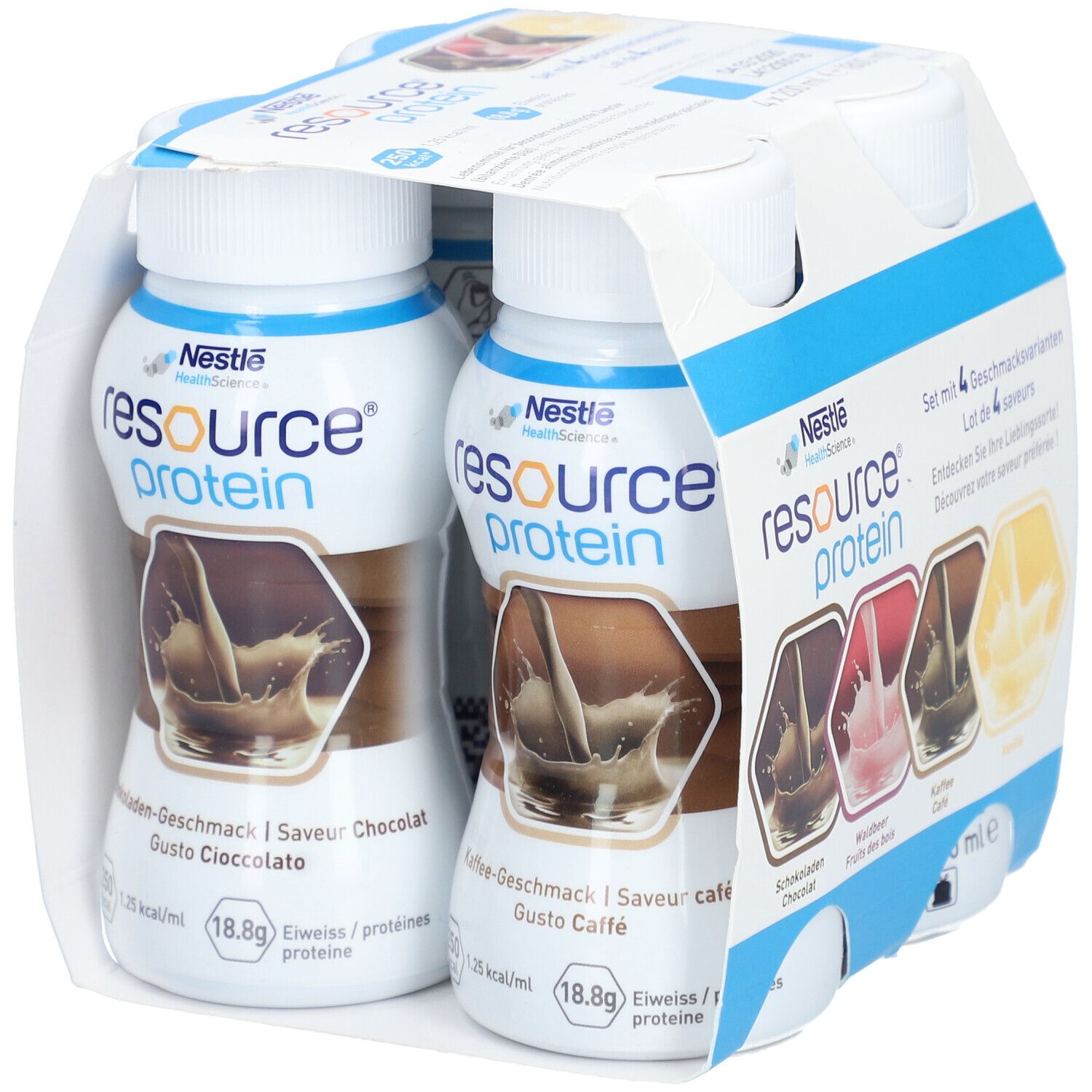 Packung mit zwei Flaschen NESTLÉ Resource Protein. Aufdrucke: Schokolade und Kaffee. Verpackung mit vier Flaschen.